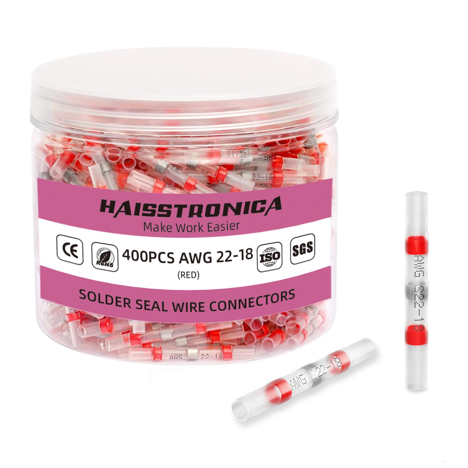 haisstronica 400PCS Solder Seal Wire Connectors,Heat Shrink Butt Connectors, Insulate Waterproof Wire Connectors for Watercraft,Electrical,Electronics 22-18 Red