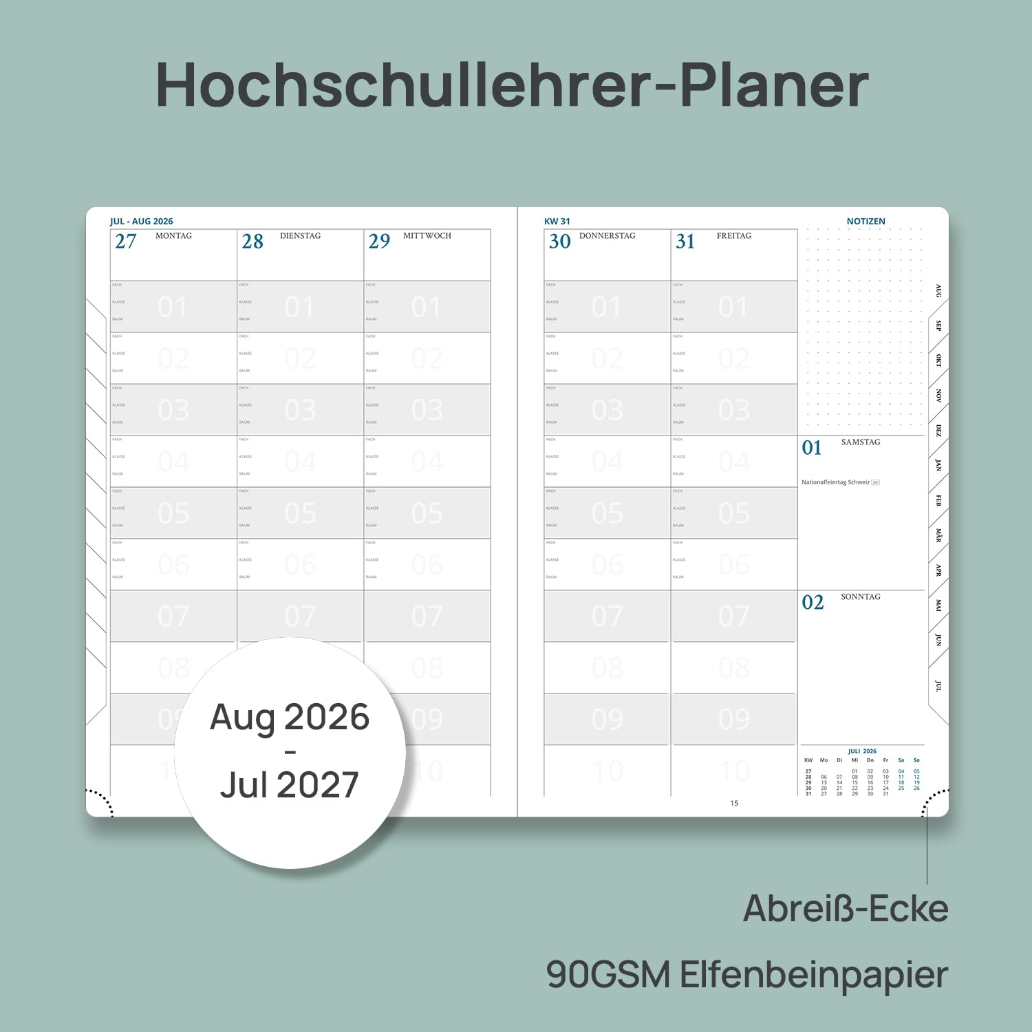 POPRUN Lehrerkalender 2026 2027 A4 auf Deutsch - Lehrerplaner 26/27 für die Unterrichtsvorbereitung mit Monatliches Register. Schulplaner mit PU-Leder Hardcover für Lehrerinnen und Lehrer (Beige)