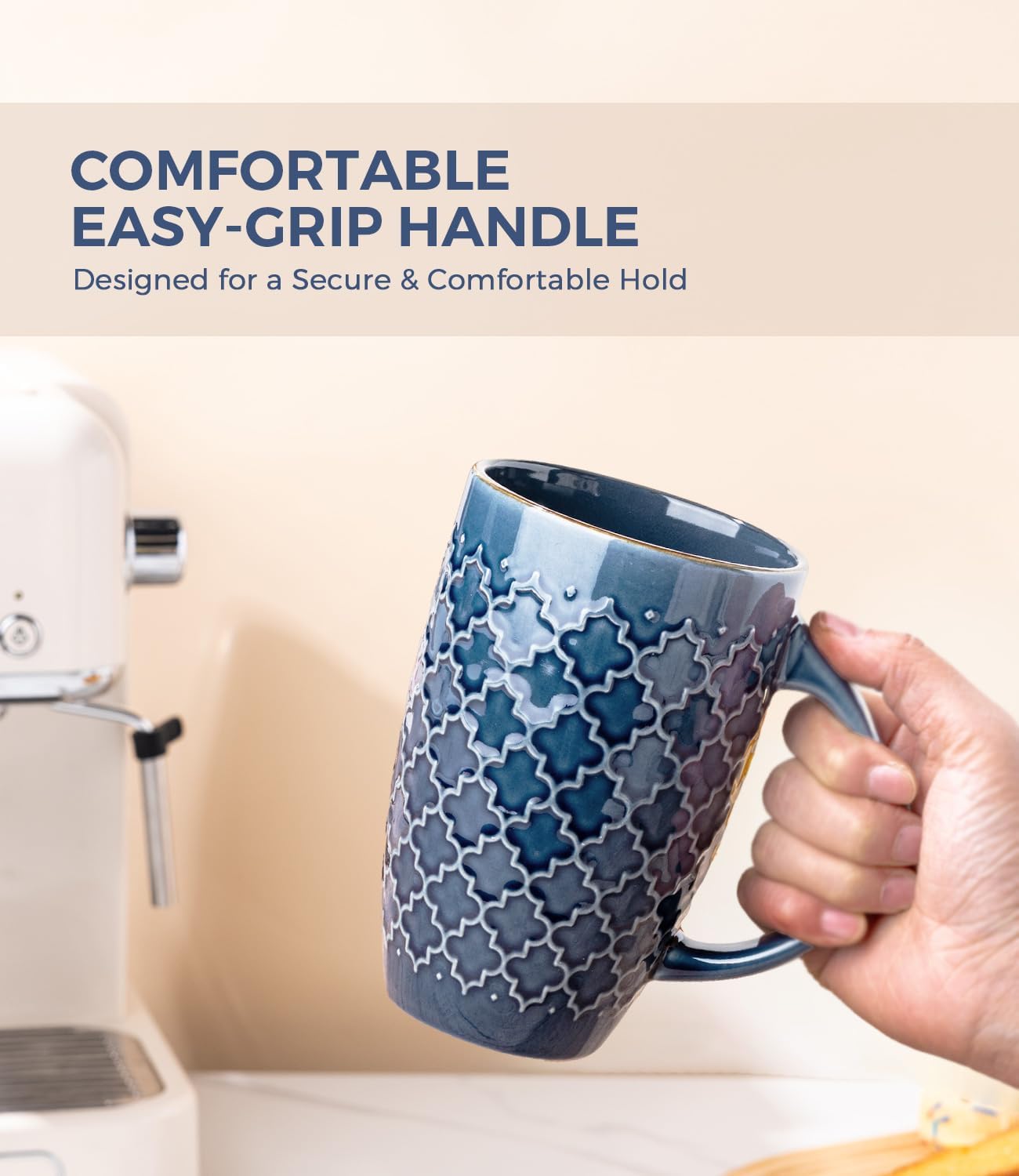 AmorArc Large Coffee Mugs Set of 6, 20oz Ceramic Tall Coffee Mugs Set with Textured Patterns for Coffee/Tea/Beer/Hot Cocoa, Dishwasher & Microwave Safe-Moonlight Blue