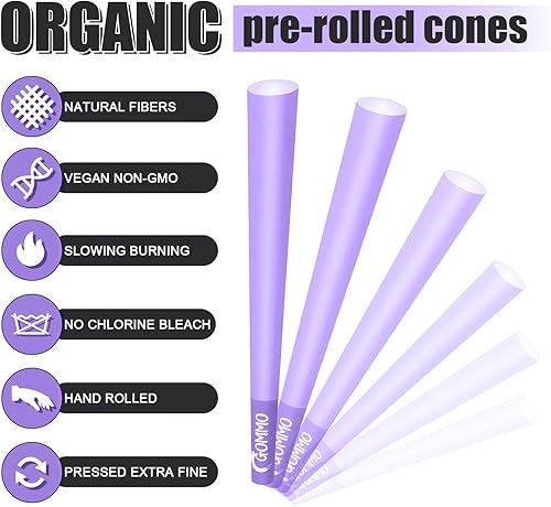 Miniatura 3 de GOMMO Paquete de 100 conos preenrollados, tamaño King, papel de liar de conos morados naturales con cuchara de embalaje dorada incluida