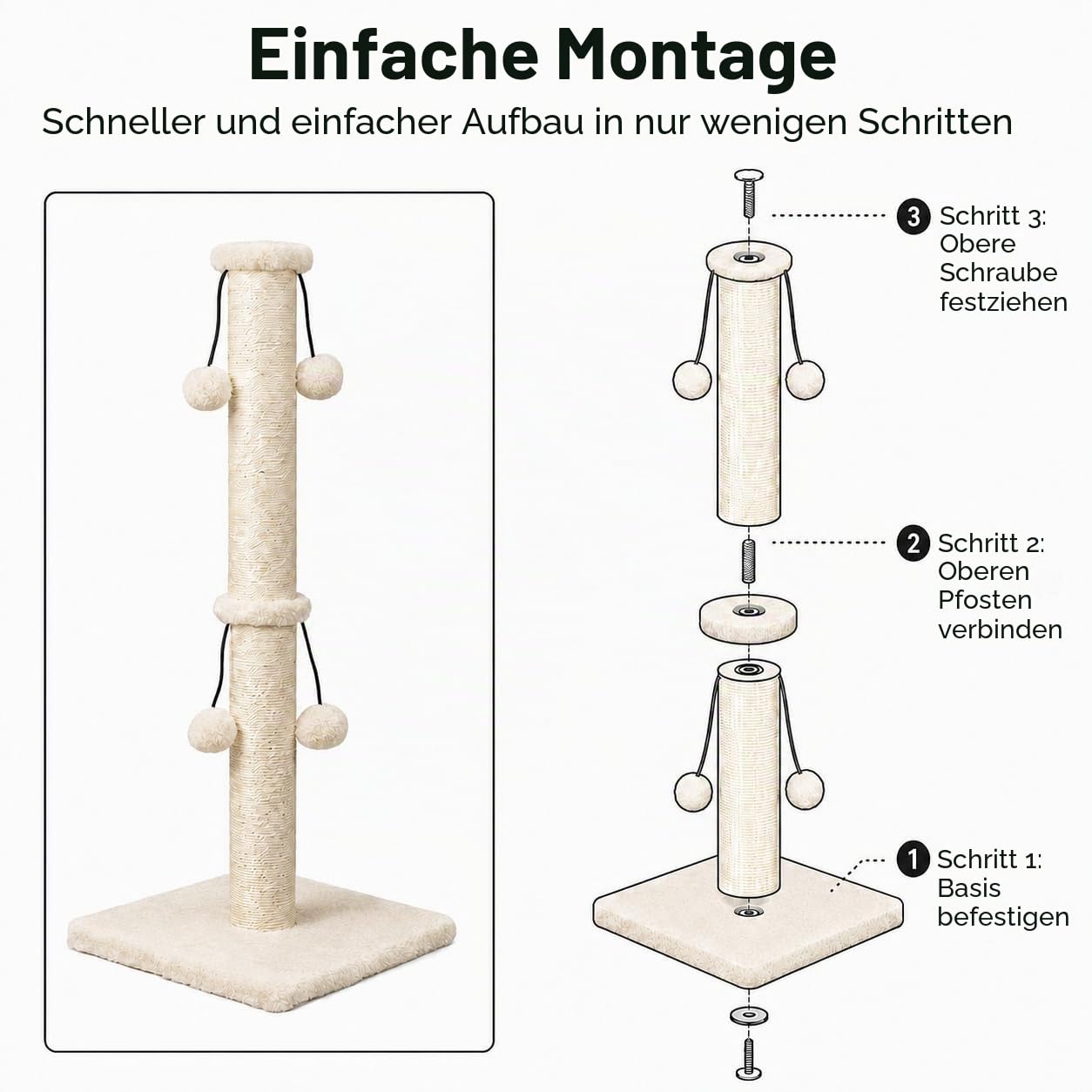 Dimaka Kratzbaum für Katzen, 73 cm, natürliches Sisalseil, Kratzbaum mit 4 Spielbällen für große Katzen, Beige