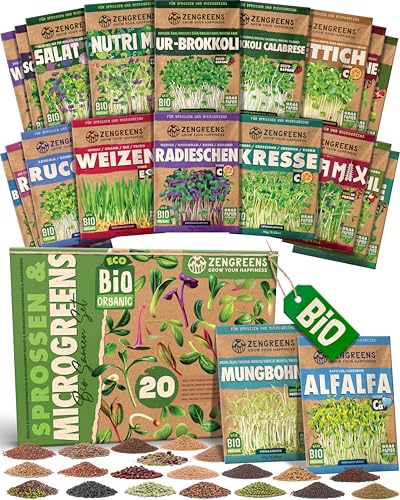 ZenGreens® - Bio Sprossensamen im 20er Set - Keimsprossensamen - leichte Zucht im Sprossenglas oder Anzuchtschale - Großpaket - 20 verschiedene Sorten - Microgreens Samen Mix - 20er Set