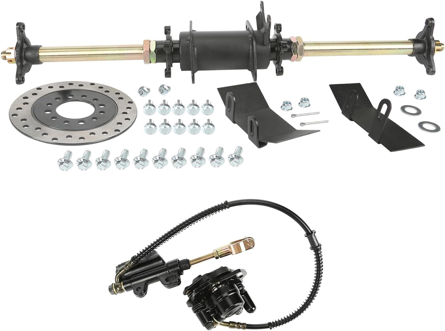 710mm 28" Rear Axle Kit Go Kart 3 Stud Wheel Hubs Rear Axle Complete Kit 110cc 125cc 150cc ATV Go Kart Quad Buggy Go Cart 4 Wheelers Taotao Rear Axle Kit, with Foot Brake Caliper Assembly