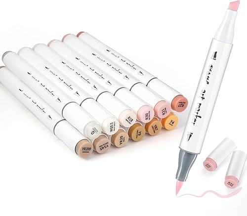 SFAIH Marcadores de alcohol con punta de pincel de tono de piel, 12 colores claros de piel de doble punta para artistas adultos, ilustración para