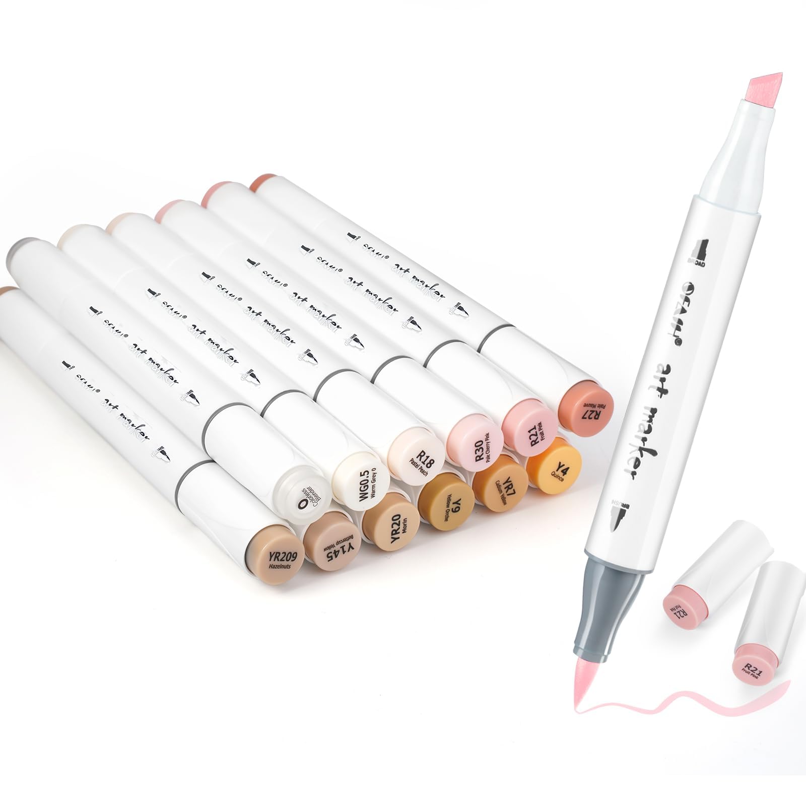 SFAIH Skin Tone Brush Tip Alcohol Markers - 12 Light Skin Colors Double Tipped Art Markers for Artist Adult Coloring Illustration, Gifts for Artist Adult, Dual Tip Brush & Chisel - Refillable Ink