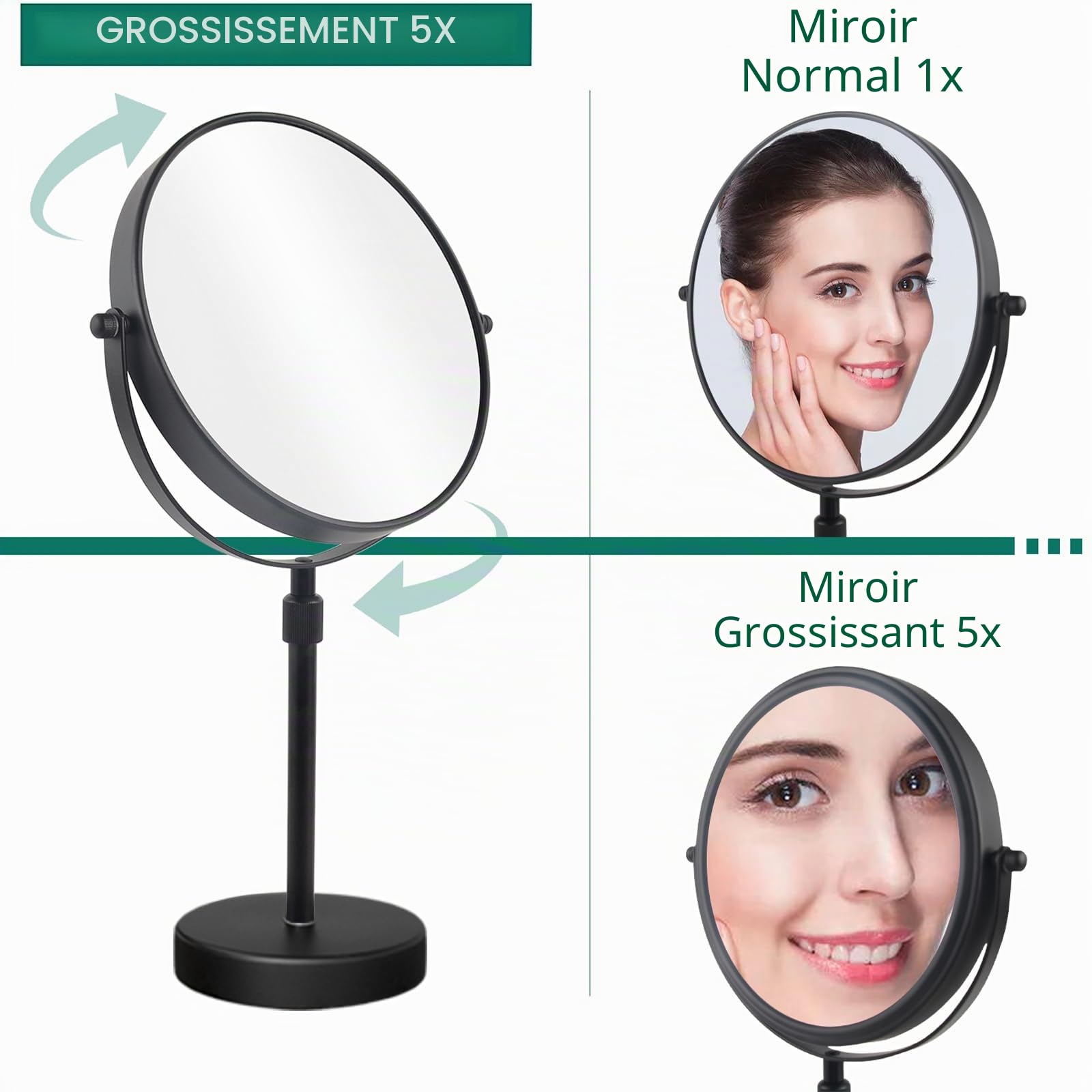 Nicesail Miroir de Table réglable en Hauteur sur Pied Miroir grossissant 5 x Miroir de Rasage pivotant sur Pied Double Face Ø 20 cm
