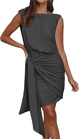 LILLUSORY Women's Sleeveless Bodycon Tank Dress - Ruched Tie Waist Summer Beach Mini Dress, Light Green, X-Large - View #7