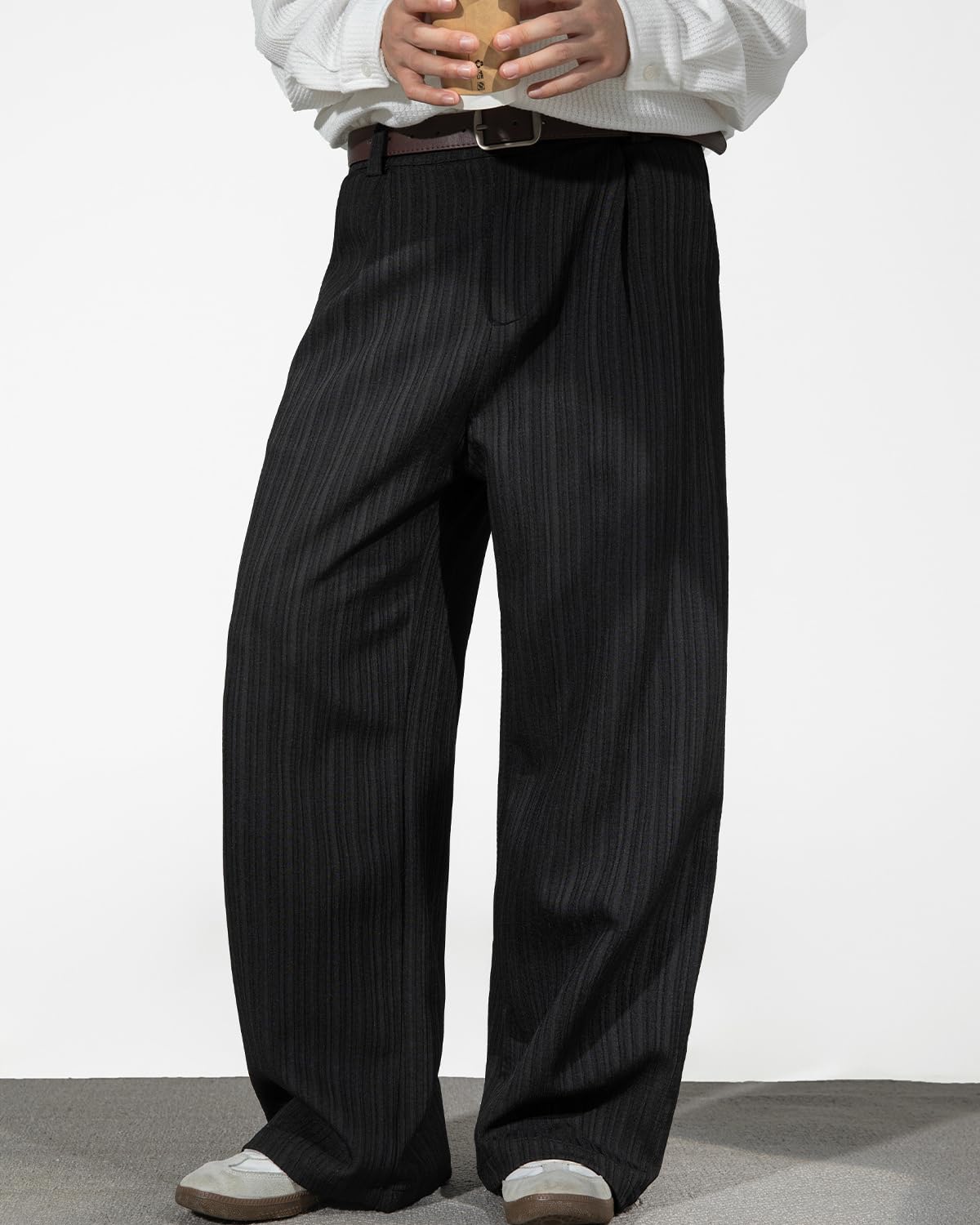 Pantaloni Da Uomo Neri A Righe, Gamba Larga, Pieghettati, Comodi, Da Lavoro E Business, A Vita Alta