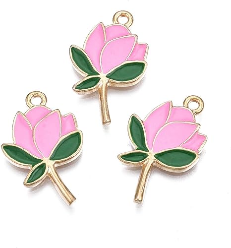 KitBeads 10 dijes de loto esmaltados kawaii rosa, encantos florales de chakras, mini dijes de flor de loto para hacer joyas, pulseras y collares a