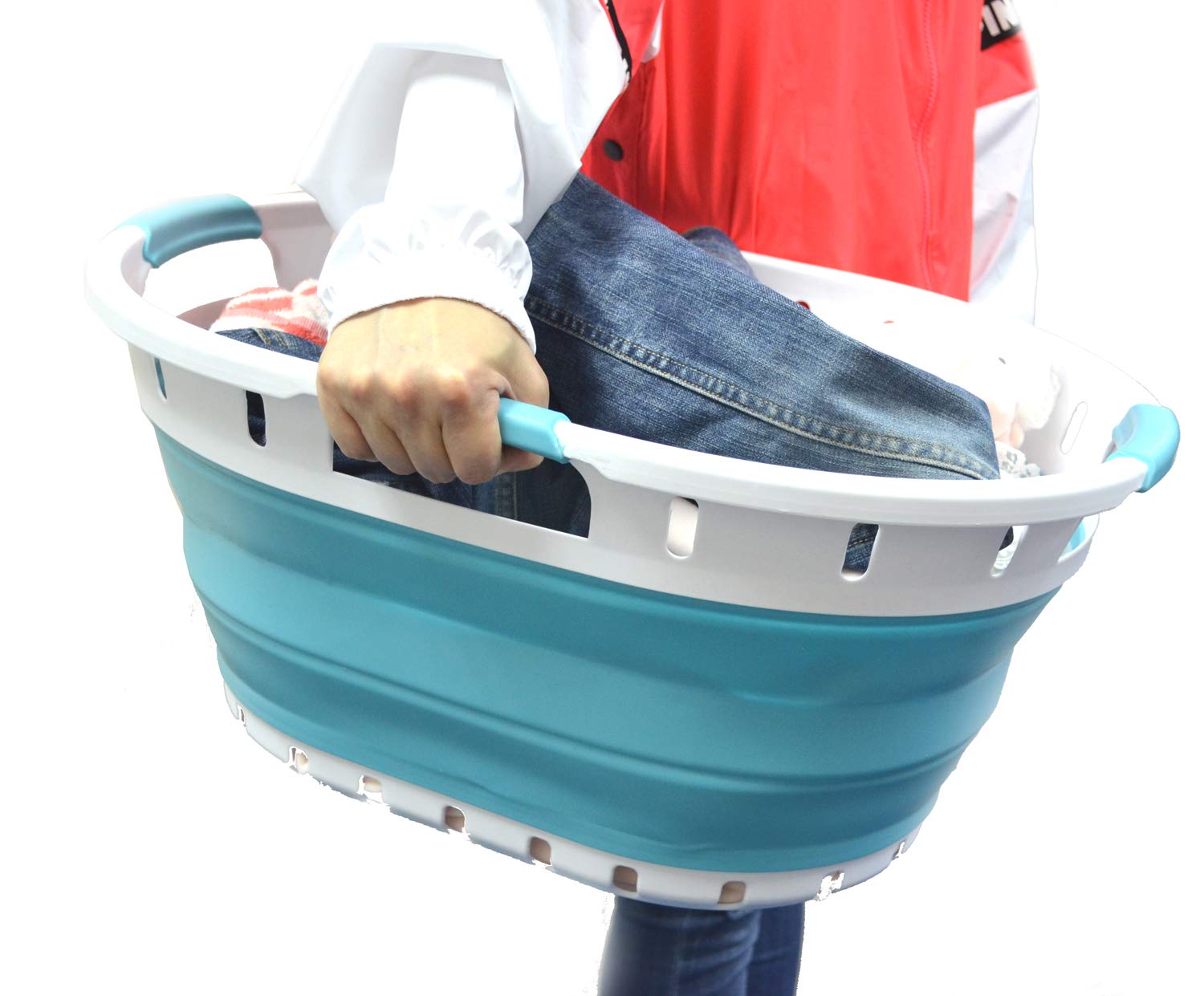 SAMMART 36L - Cesto portabiancheria pieghevole in plastica, ovale, con 3 manici, portatile, salvaspazio Blu brillante