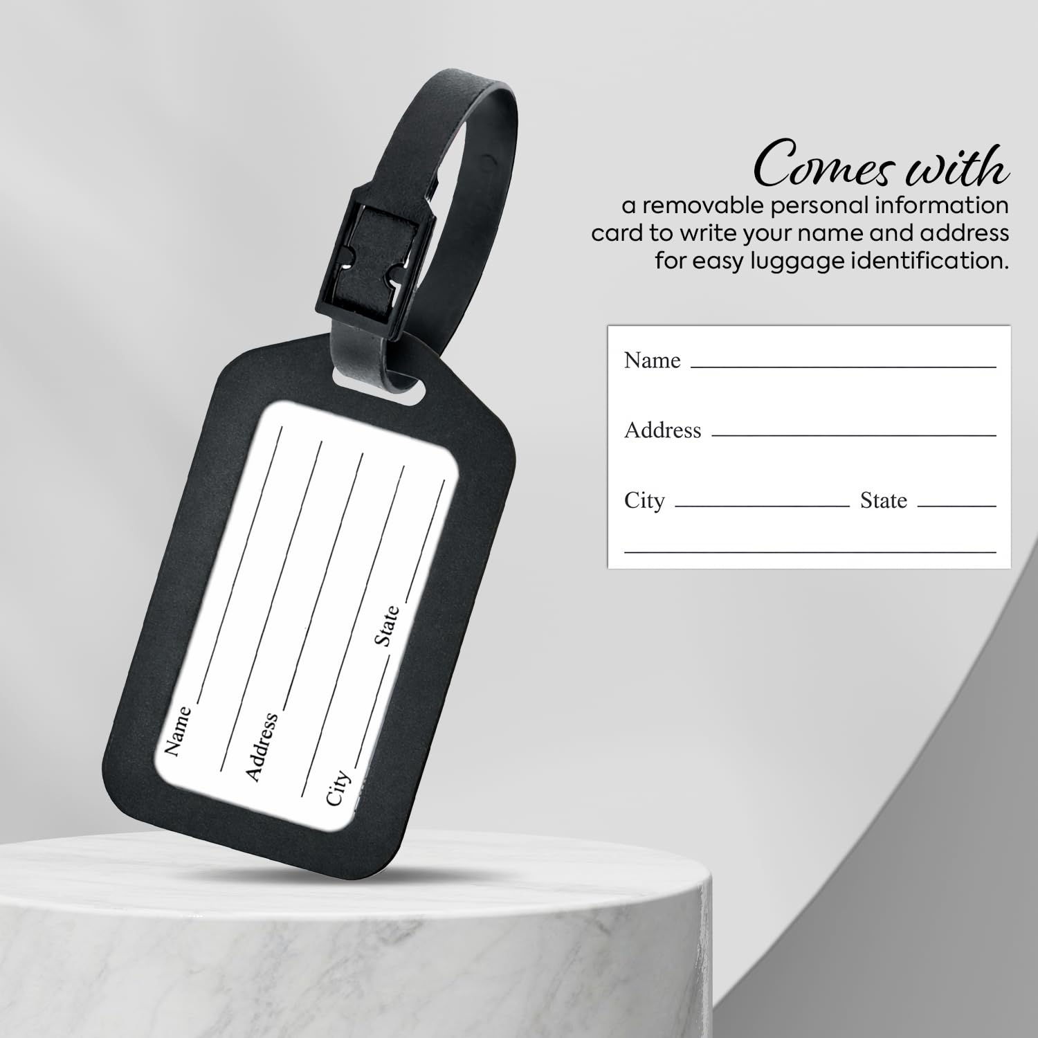 Storite Luggage Tags with Strap, Smart Tags for Travel suitcases, School Bags for Easily Identification of Bags - Black, Black, 6 Pack, Luggage Tags