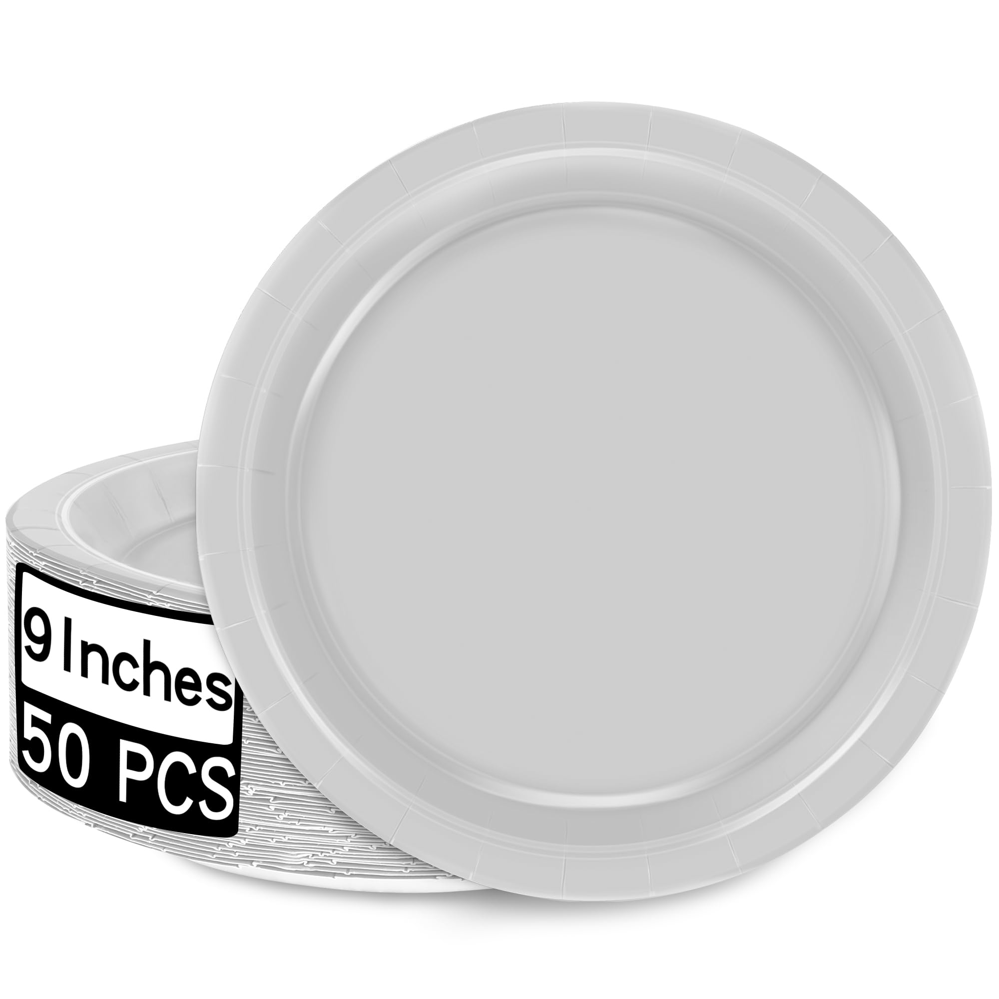 QZYL 50 PCS Paper Plates Set, Silver 9 Inches Disposable Dinner Plates, Heavy Duty Party Plates Bulk, Round Paper Dinner Plates for Daily Meals Party Picnic Wedding Birthday Anniversary Christmas