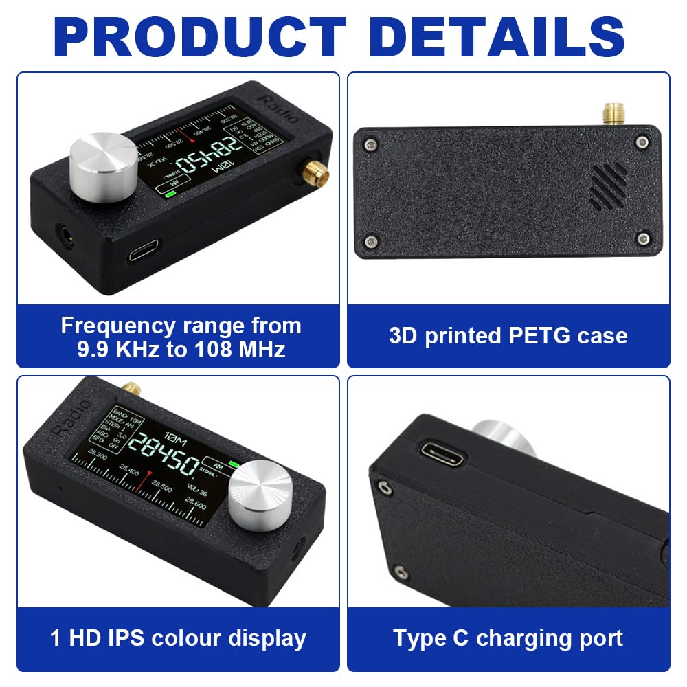 Mini Radio Si4732, 0.5-108MHz Full Band Portable Pocket Radio with ESP32-S3, 1.9 inch IPS Screen, 800mAh Battery for 10H Use, Telescopic Antenna, 3D PETG Shell for AM/FM/LSB/USB Reception
