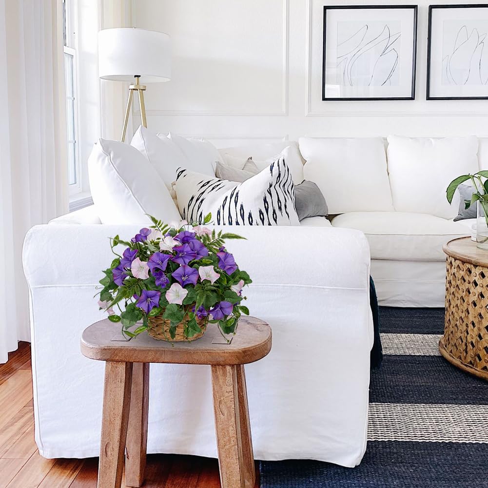 Briful Artificial Flower Arrangement with Rattan Basket Fake Potted Morning Glory Silk Flowers Faux Flower Table Centerpiece for Home Office Bathroom Wedding Farmhouse Decor(Pale Purple)