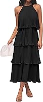 ZESICA Women's Sleeveless Halter Neck Ruffle Tiered Chiffon Flowy Midi Dress - Summer Wedding Guest Party Beach Dress