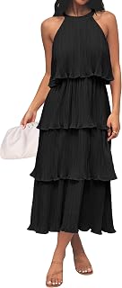 ZESICA Women's Sleeveless Halter Neck Ruffle Tiered Chiffon Flowy Midi Dress - Summer Swing Wedding Guest Party Dress