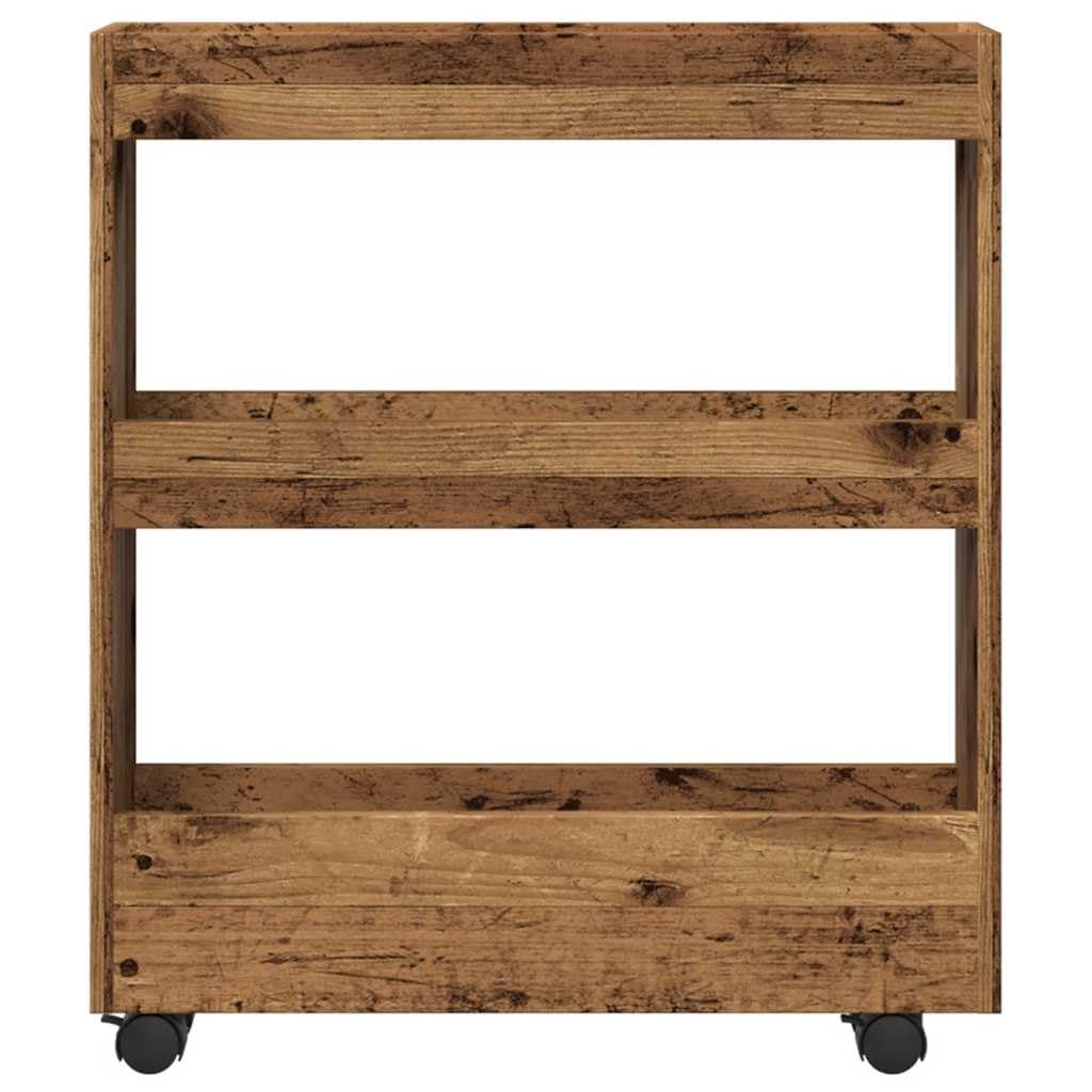 Carrello portaoggetti sottile con 3 ripiani in effetto legno anticato, molto spazio per oggetti di uso quotidiano, carrello con ruote girevoli e due ruote bloccabili