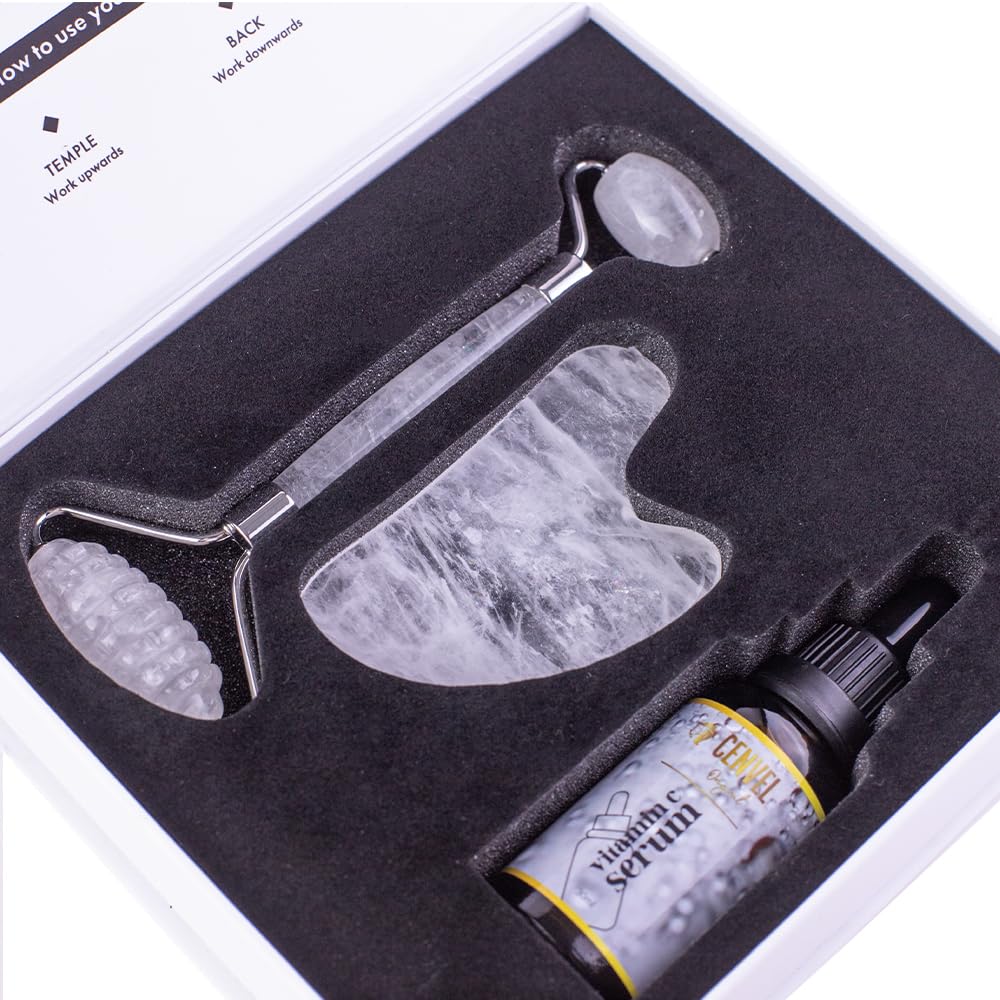 Juego de rodillo de piedra de jade de cristal 100% real y gua sha con suero de vitamina C, ideal para tratamiento de hinchazón de ojos, estiramiento de la piel, antienvejecimiento, rejuvenece cara y