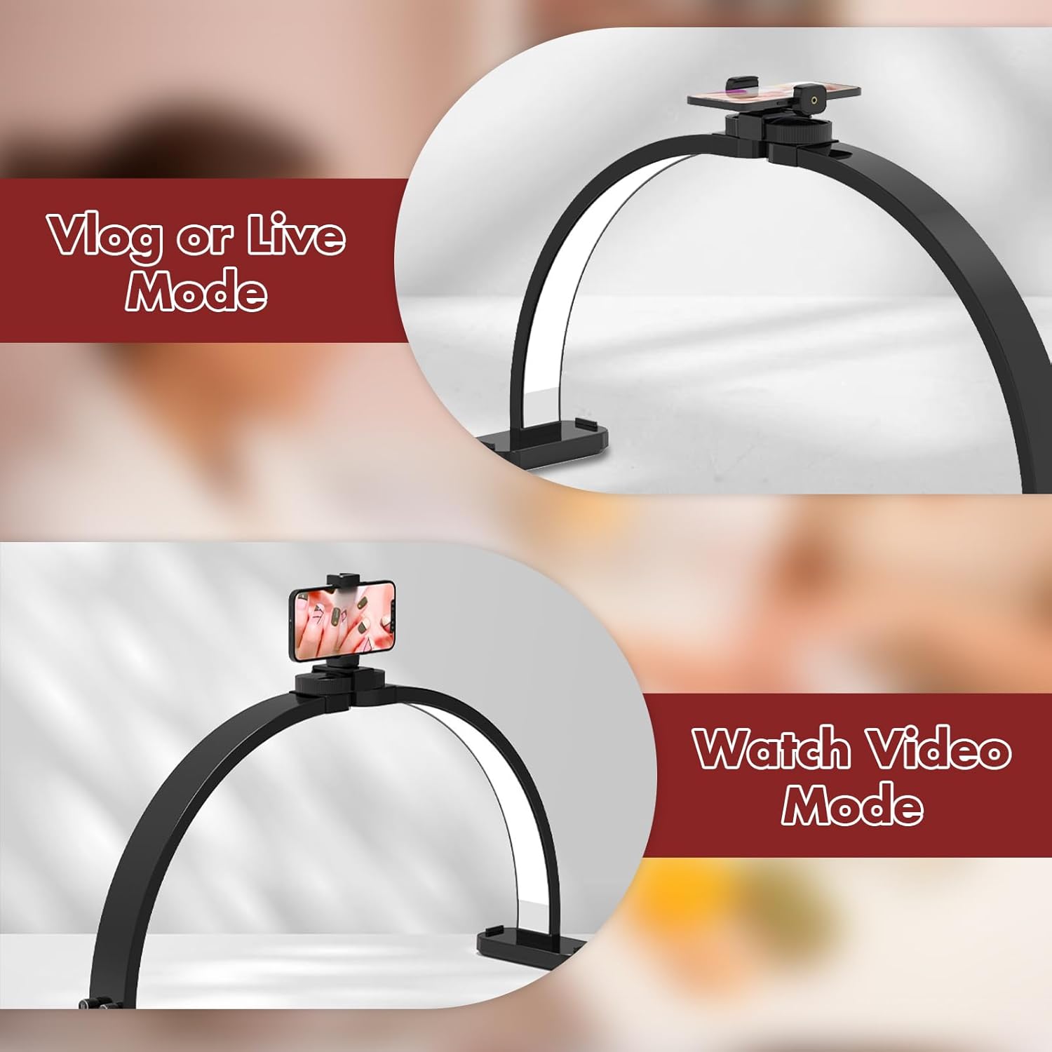 FAHKNS Half Moon Light for Nail Desk with Phone Holder, Upgraded 28-inch Foldable Half-Moon Lamp, LED Light for Manicure, Eyelash Extension, Tattooing, Craft, Black