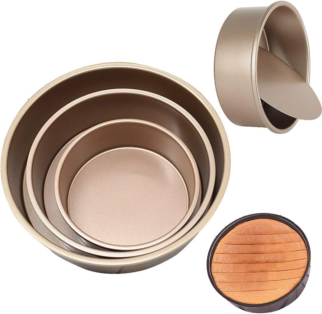 3 Pieces (6,8,10 Inch) Cake Pan Kit With Removable Bottom Food Grade Carbon Steel And Safety Coating Non-Stick Bakeware Cheesecake Pan - Gold