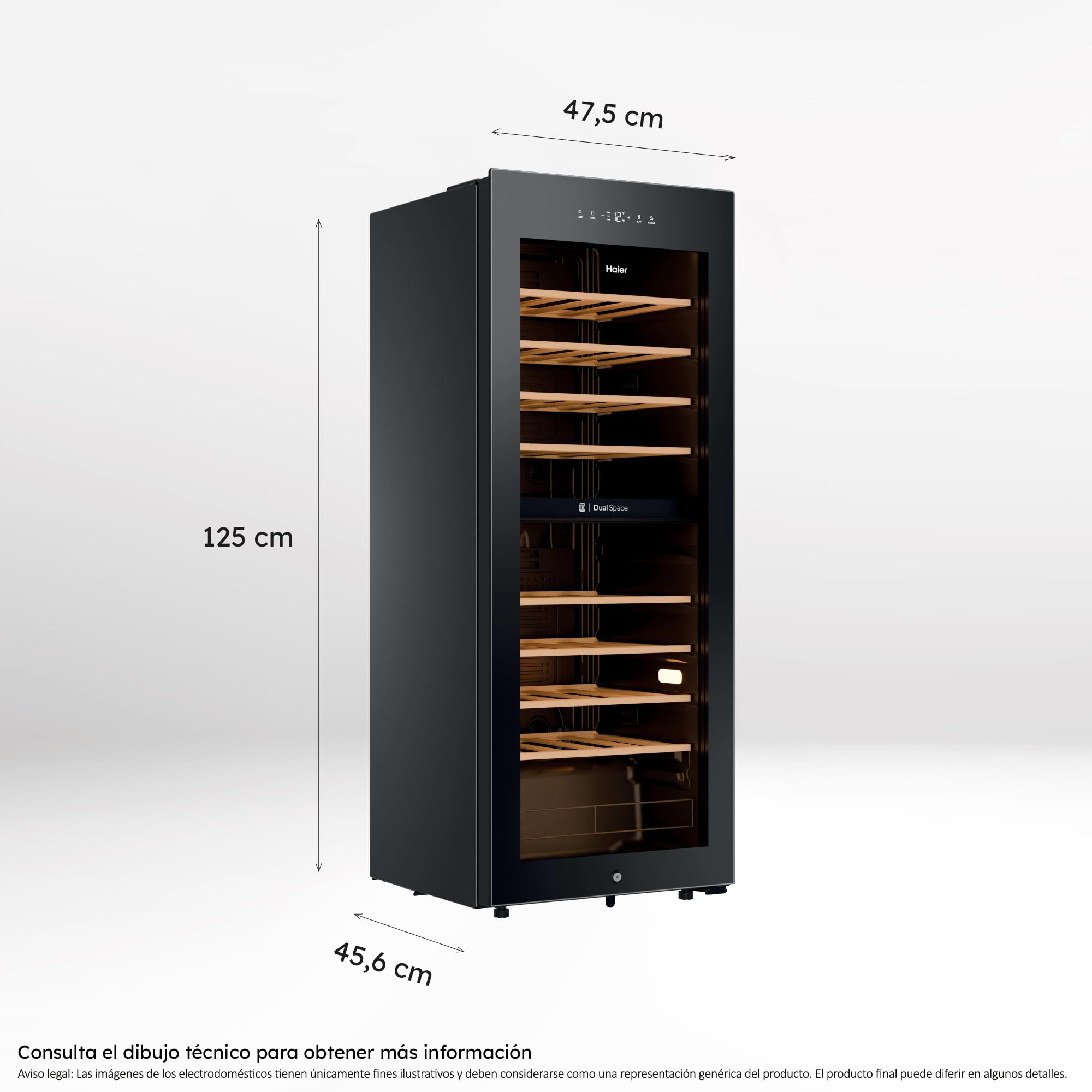 Haier Wine Bank 50 Series 5 HWS56GDG Vinoteca de 56 botellas, 2 Zonas independientes, Estantes de madera, Filtro Anti-UV, Sistema Antivibración, Display Digital, Iluminación LED, 37 dbA, Negra — view 3