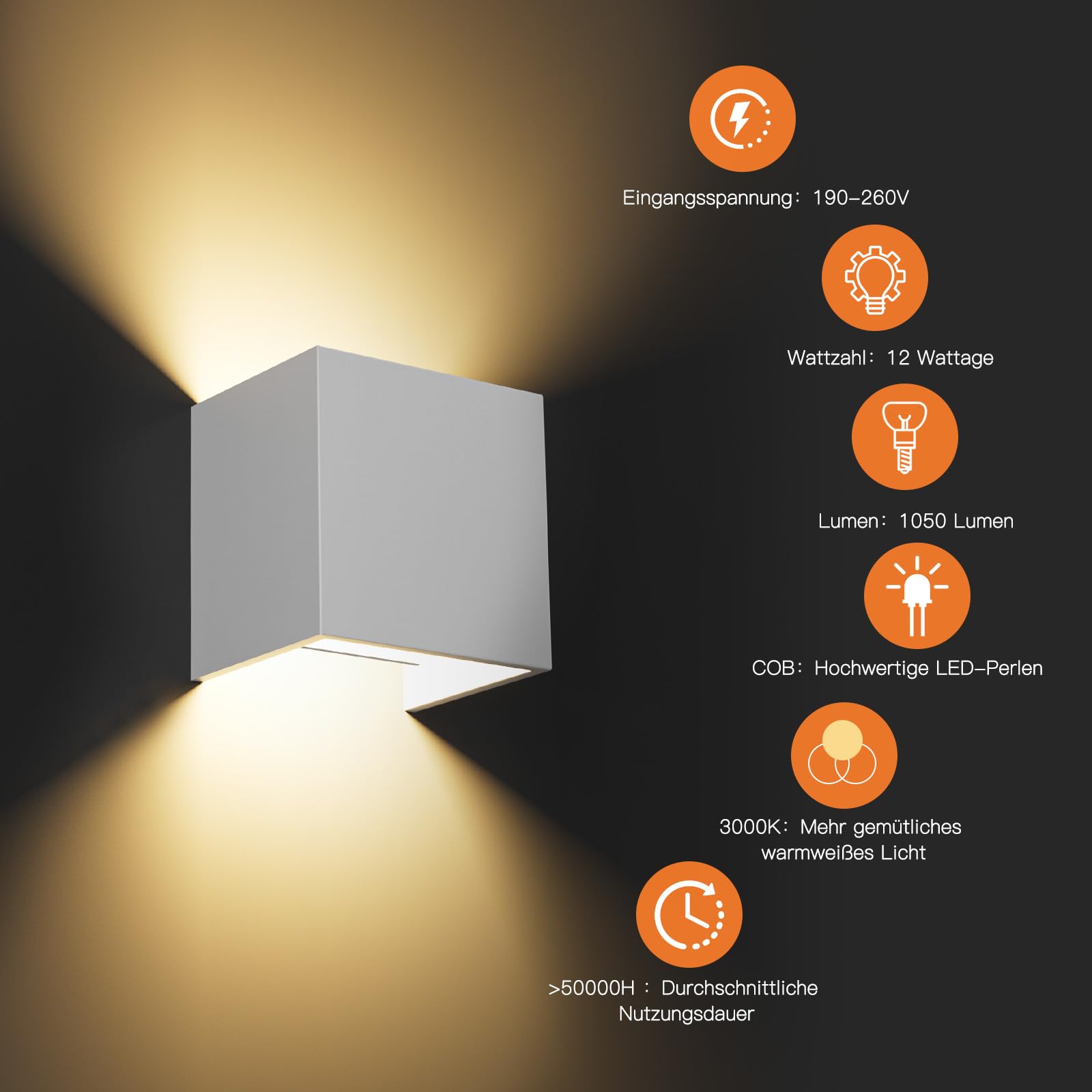 8 Stück 12W LED Wandlampe Innen, Weiße Wandleuchte Aussen, 3000K Warmweiß Up Und Down Abstrahlwinkel Einstellbar, IP65 Wasserdicht Außenlampe Geeignet für Treppenbeleuchtung Wandbeleuchtung