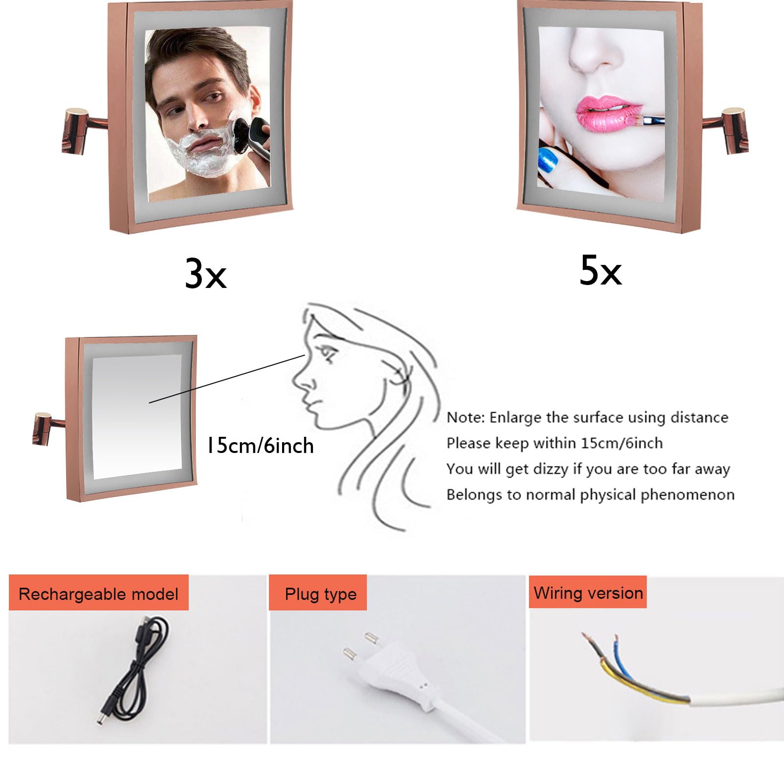 Specchio Ingranditore a Parete 3X, Specchio Trucco Illuminato, Specchio Cosmetico Retrattile, Girevole Specchio Bifacciale Specchio da Barba