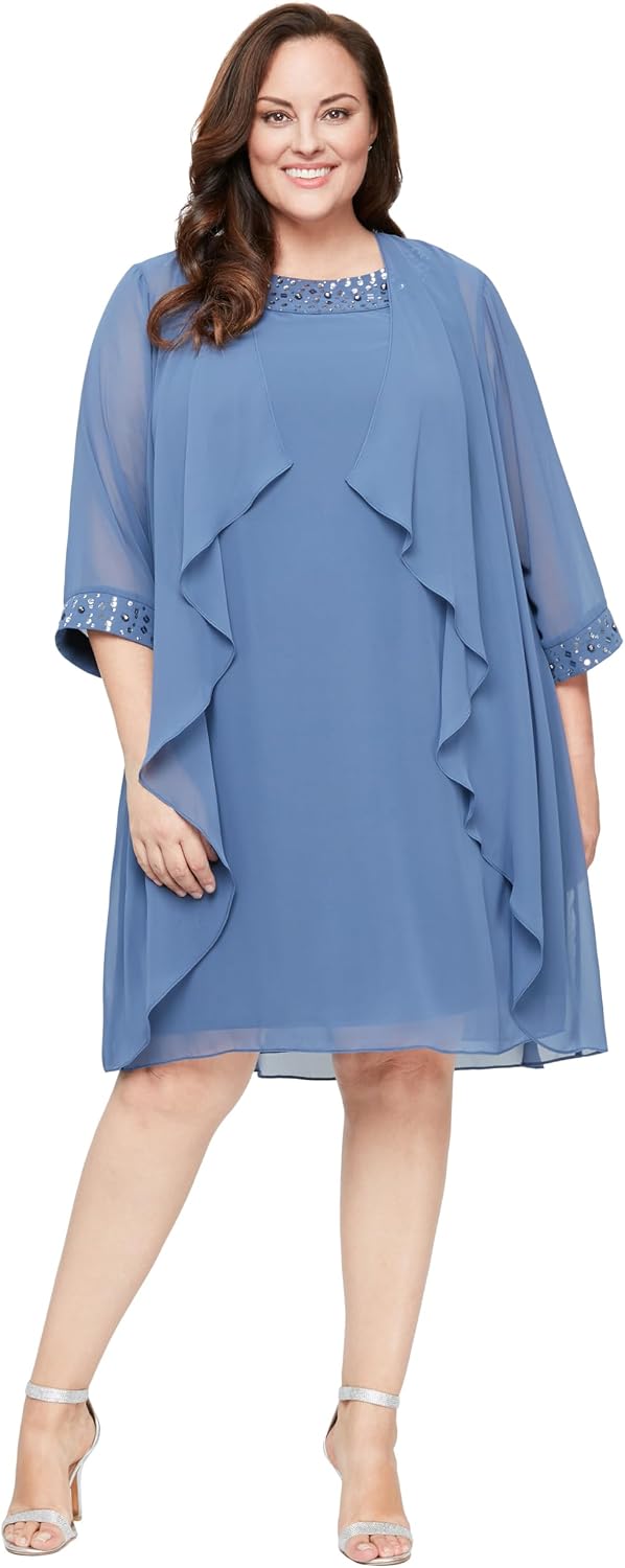 S.L. Fashions Women's Plus Size Chiffon Tier Jacket Dress with Beading Detail
