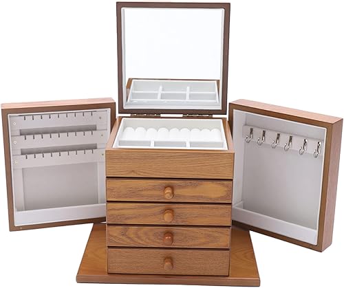 Eapmic Extragrande de cuatro hojas talladas Caja de joyería de madera de 5 capas Armario de joyería Gabinete Alhajero Anillo Collar Caja de