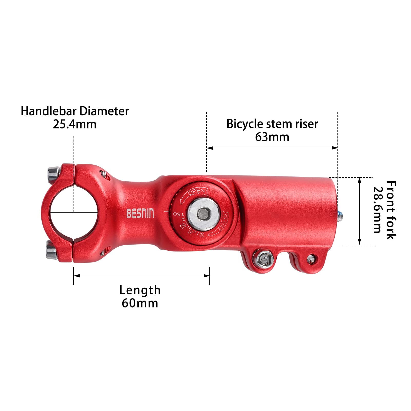 BESNIN Potence de vélo réglable de 90 à 180 degrés, 31,8 ou 25,4 x 60/93/100 mm, rouge, tige de guidon pour vélo, vélo de route, VTT, BMX (25,4 x 60)