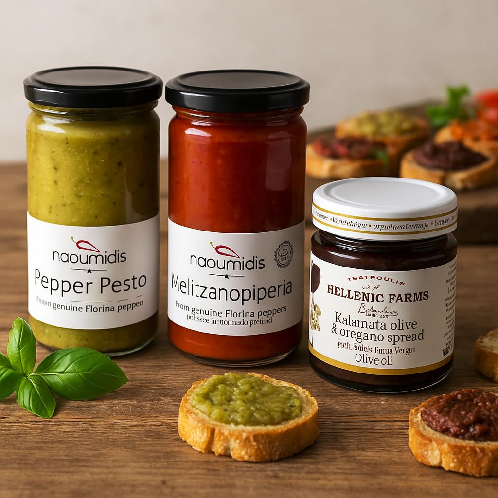 Mediterranean Gourmet Spreads Gift Set, Pepper Pesto, Eggplant Pepper, Kalamata Olive Oregano Spread, 3 Pack