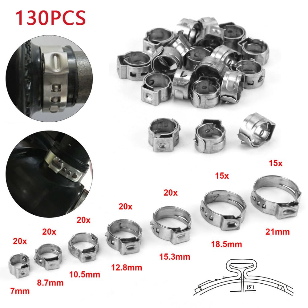 130 abrazaderas de manguera continuas de una sola oreja, 1 alicates de abrazadera de clip de manguera de 7-21 mm, abrazaderas de manguera de acero inoxidable 304, anillos de abrazadera de cincha