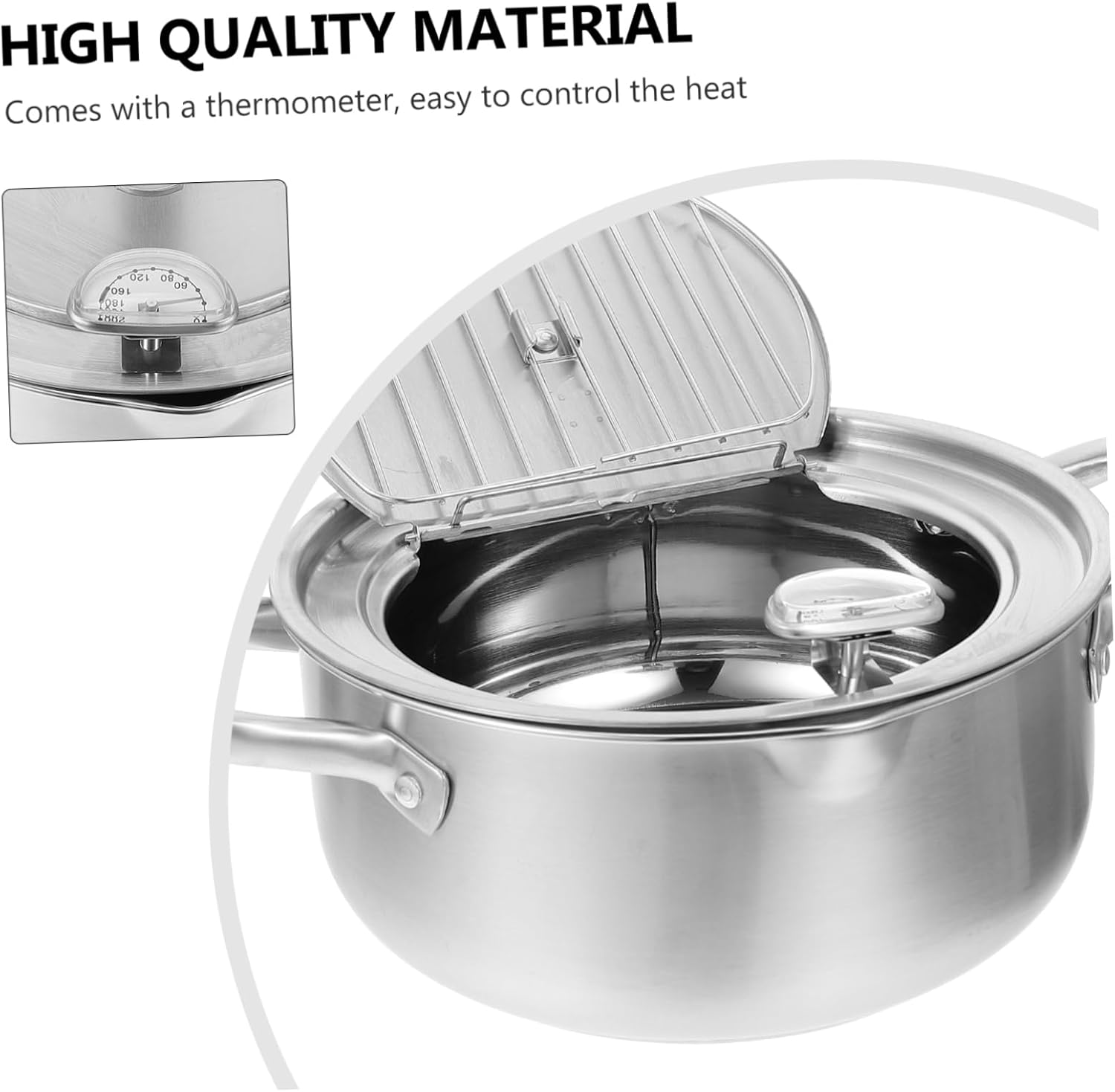 Luxshiny 1pc Stainless Steel Deep Fryer with Temperature Control Thermometer for Home Kitchens Restaurants Parties Non-splash Design Easy to Clean Frying Pot Silver Finish