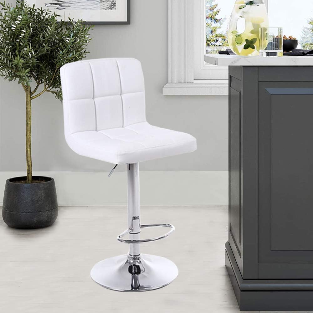 Adjustable Bar Stools, Modern Square PU Leather Adjustable Hydraulic Barstools with Back, Kitchen Counter Height Swivel Stool, Set of 2 (White, 1)