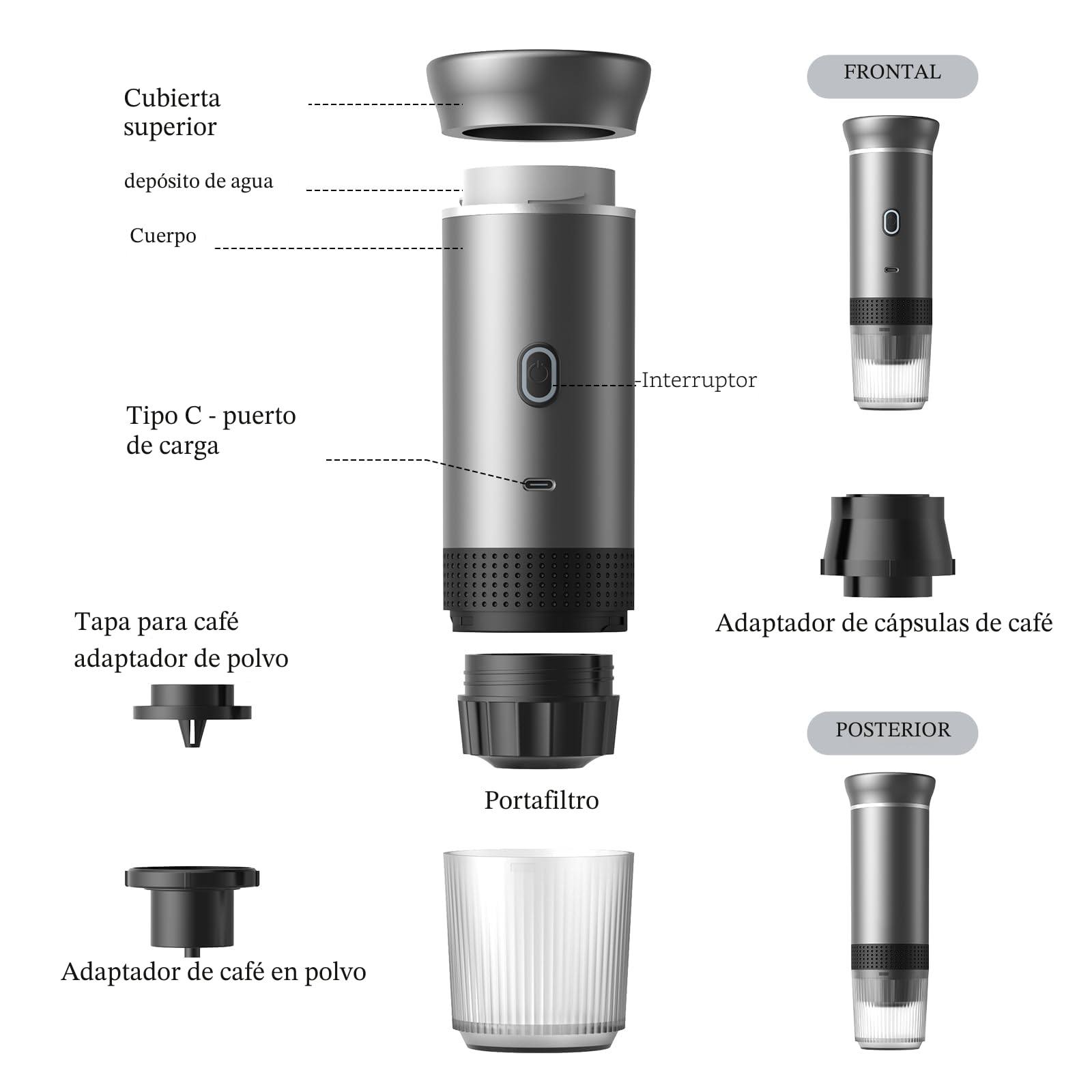 Vunzo Máquina de café espresso eléctrica portátil, maquina cafe capsulas portable, cafetera portatil capsulas autocalentable para USB-C