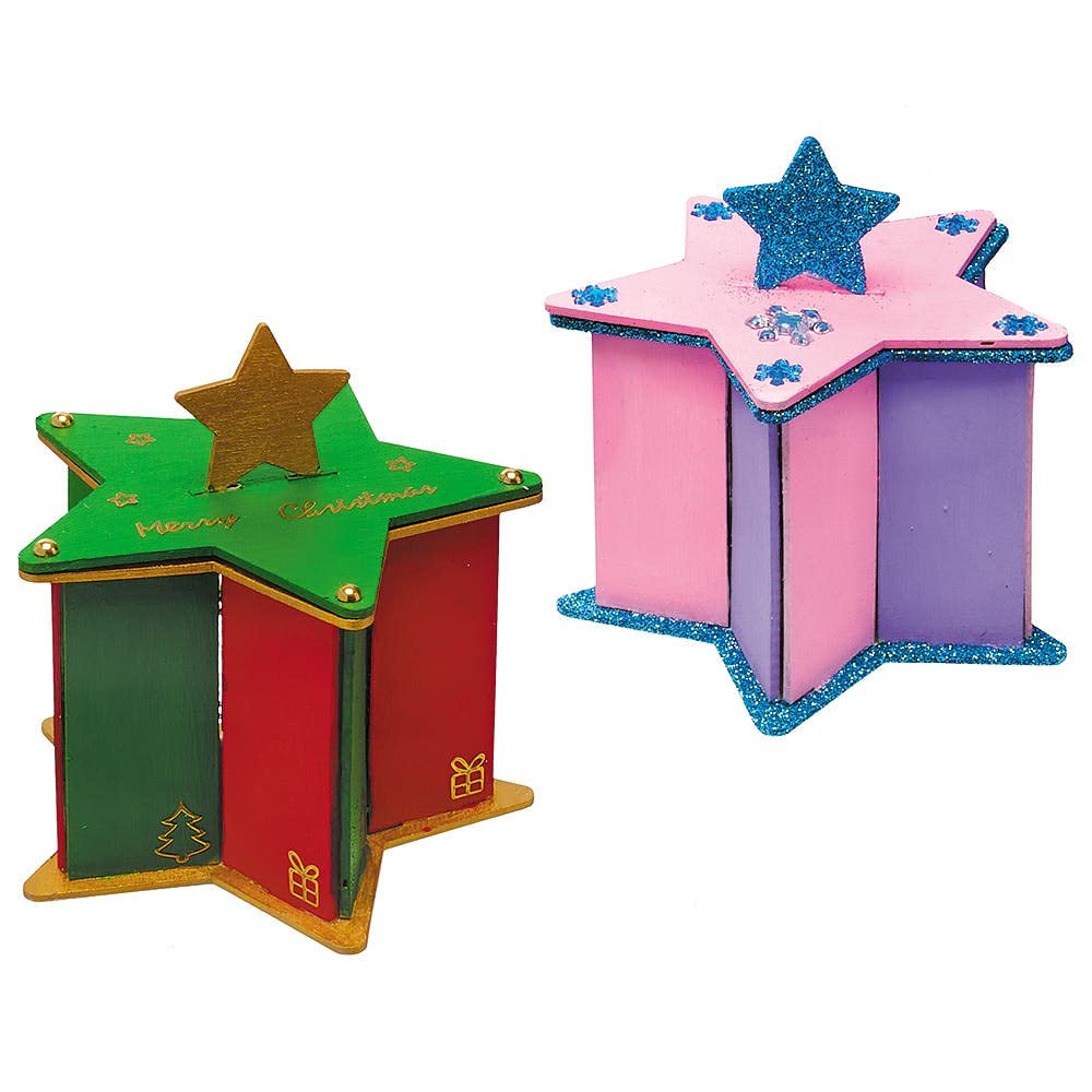 Baker Ross FX265 Star Wooden Box Kits Pack of 3, Christmas Decoration