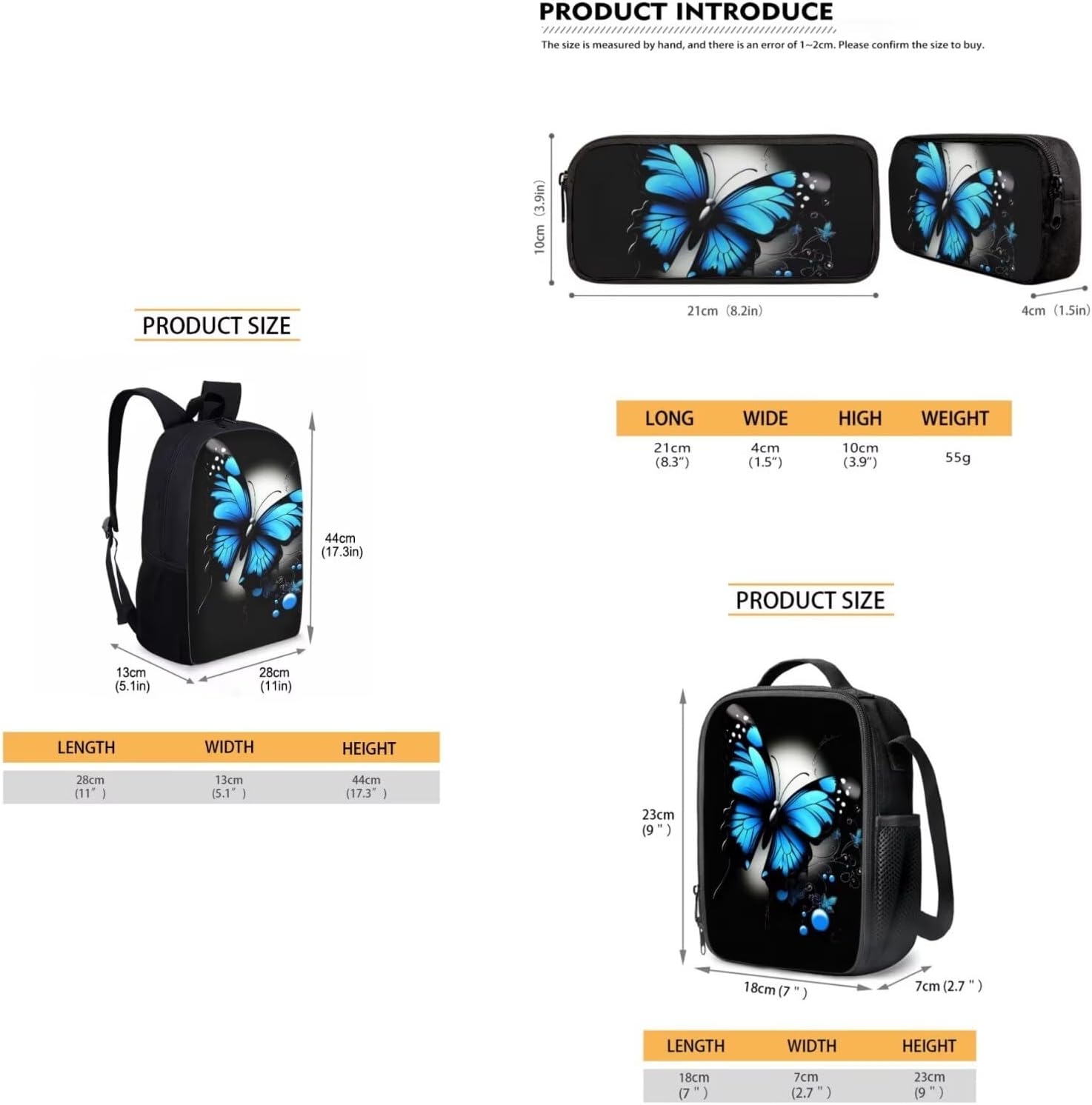 Dolyues 3 in 1 Blue Butterfly Backpack Set for Girls Ages 6-12 - 17 Inch School Bookbag with Insulated Lunch Box & Zipper Pencil Case, Backpacks for Elementary Middle Preschool