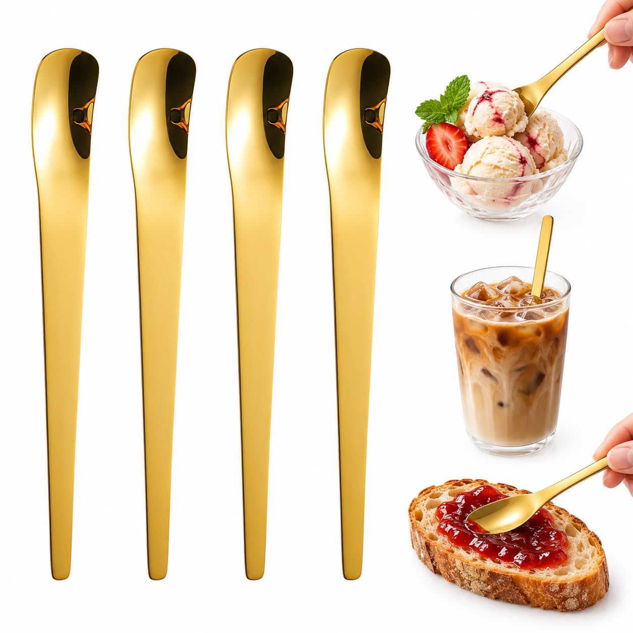 316L Long-Handle Stainless Steel Dessert Spoon, Deep Bowl Spoon，Golden：4
