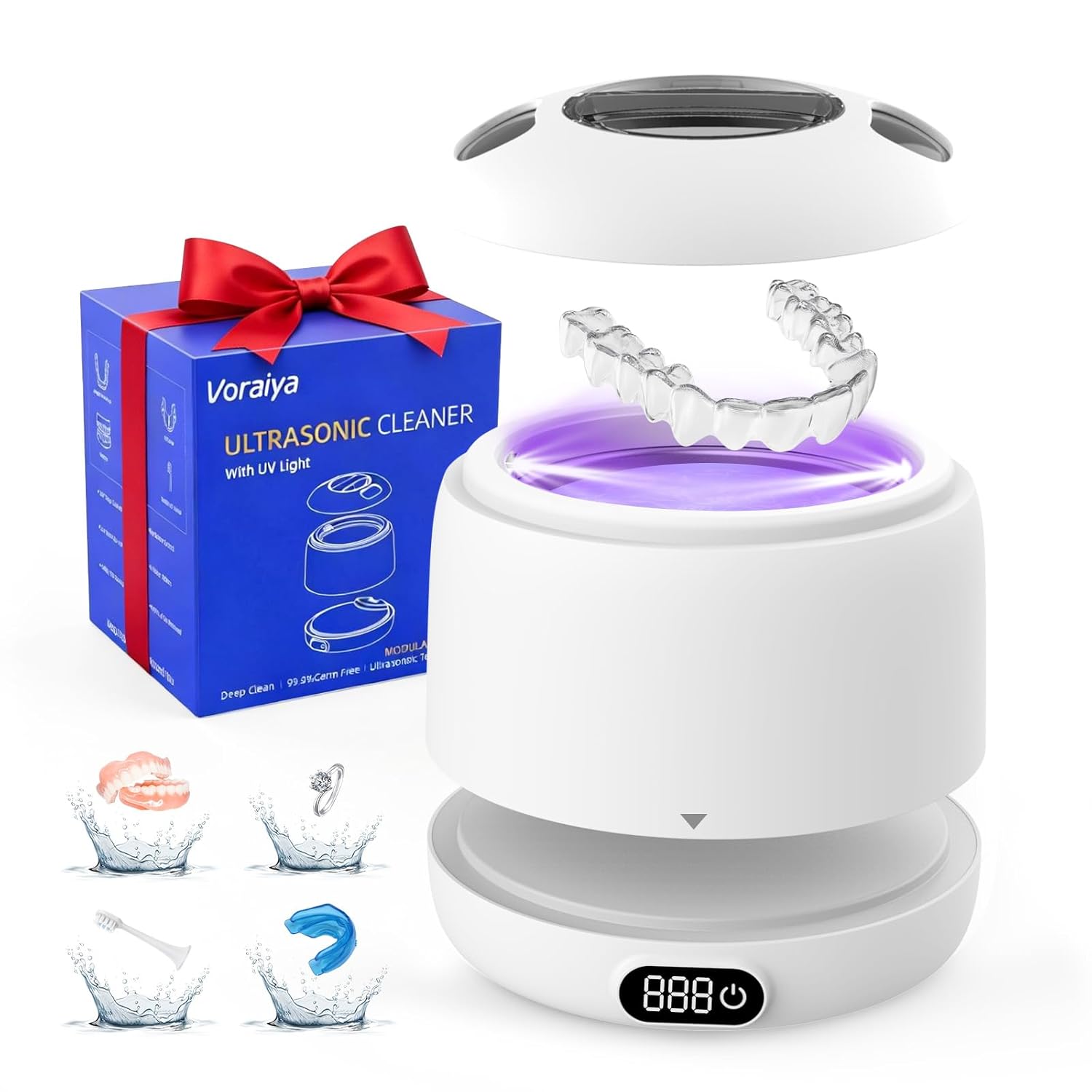 Voraiya Ultrasonic Retainer Cleaner Machine IPX7 Waterproof Base and Denture Pod Ultra Sonic Cleaner Machine for Aligner, Retainers, Mouth Guards, Night Guards, Dental Trays Braces, Toothbrushes