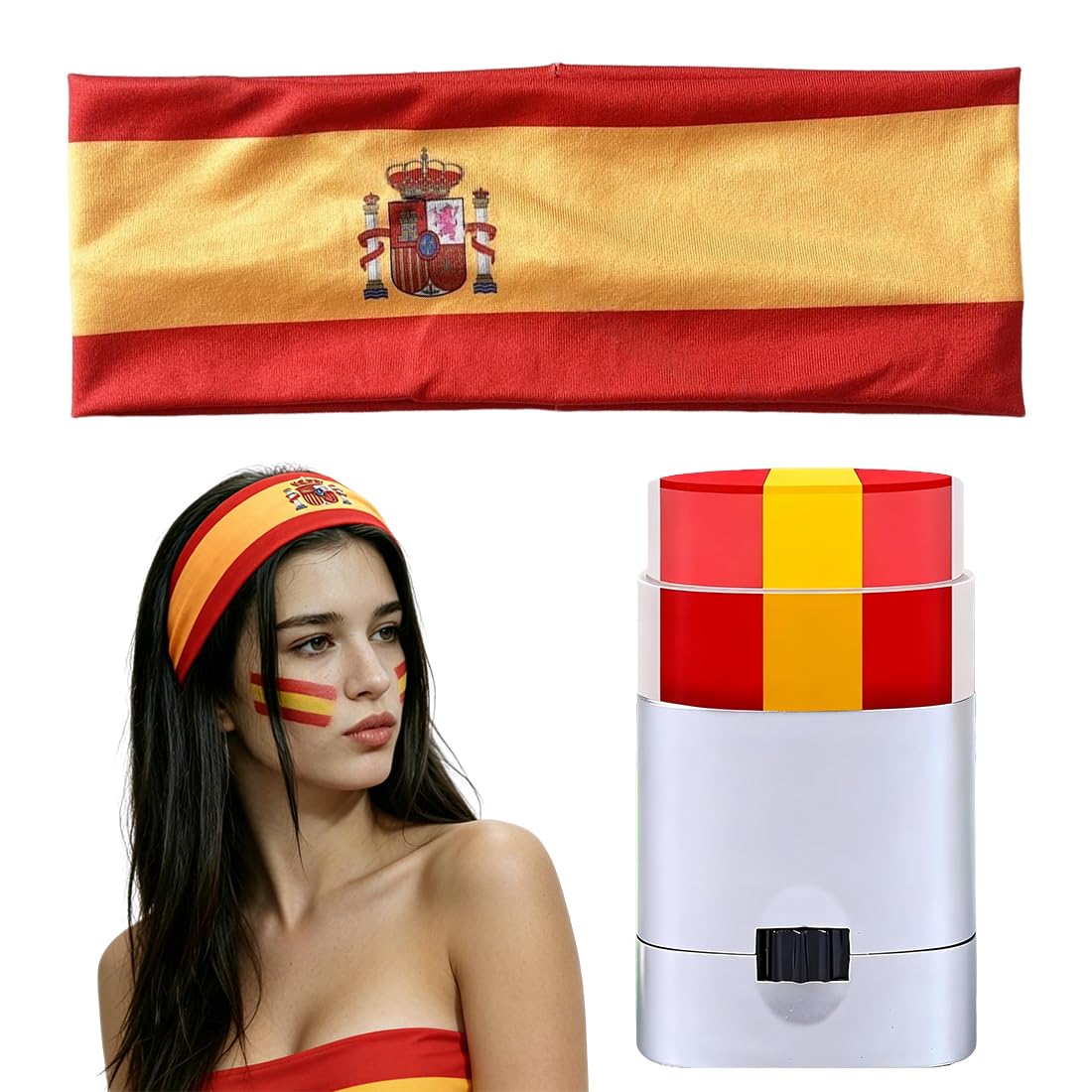 Lot de 2 Bandeau Élastique Et Stick Maquillage Drapeau Espagnol Rouge Jaune Accessoire Supporteur Carnaval Fête Nationale Déguisement