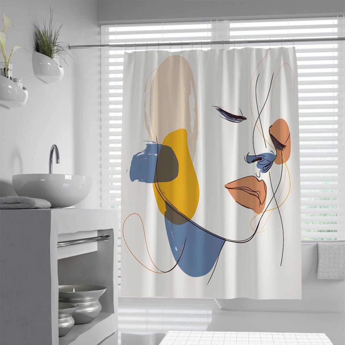 Uiringart Shower Curtains Blue Yellow Abstract Face Line Art W180xl200cm Nordic Modern Waterproof Mildew Resistant Bathroom Curtain Decor With Hook