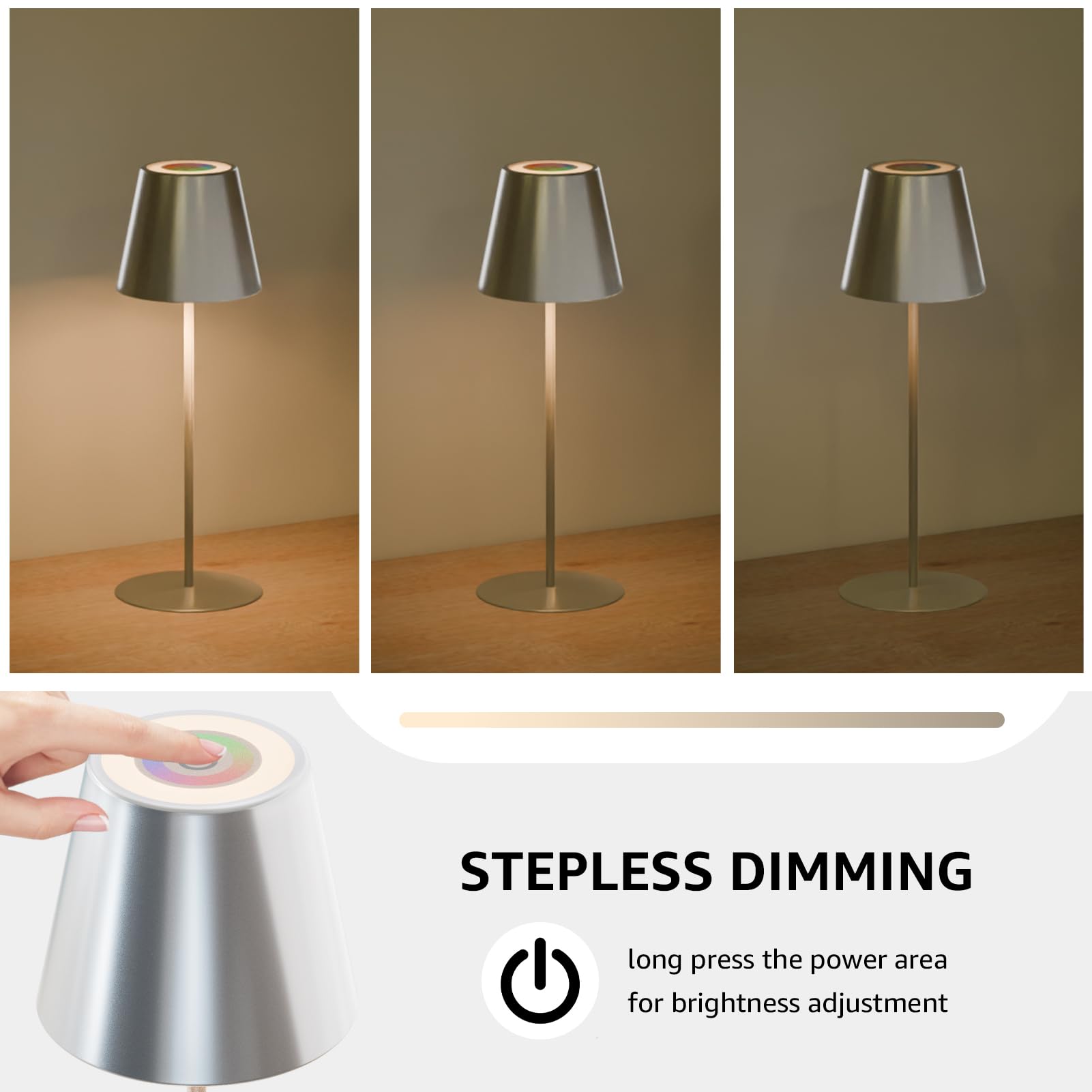 Dimbare led-tafellamp op batterijen, voor buiten, draadloze touch, IP54, RGB, oplaadbaar, metaal, voor slaapkamer, werk, bar, restaurant, decoratie ( zilverkleurig