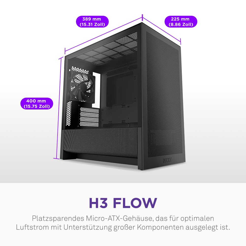 NZXT H3 Flow – Micro-ATX PC-Gehäuse nur für mATX & Mini-ITX Mainboards – Optimierter Luftstrom – Inklusive 1 x 120mm Lüfter hinten – Unterstützt Full-Size-GPUs – Schwarz