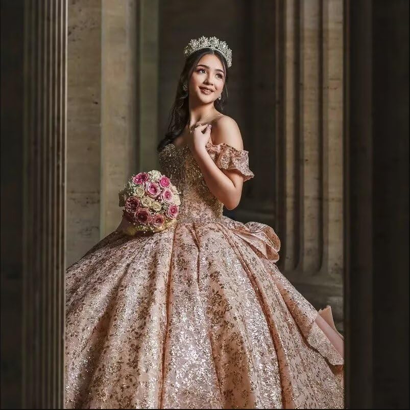 Sparkly Big Bow Sweet 15 Dresses Quinceanera Rose Gold Sequins Tulle Off The Shoulder Prom Graduation Dress 20253