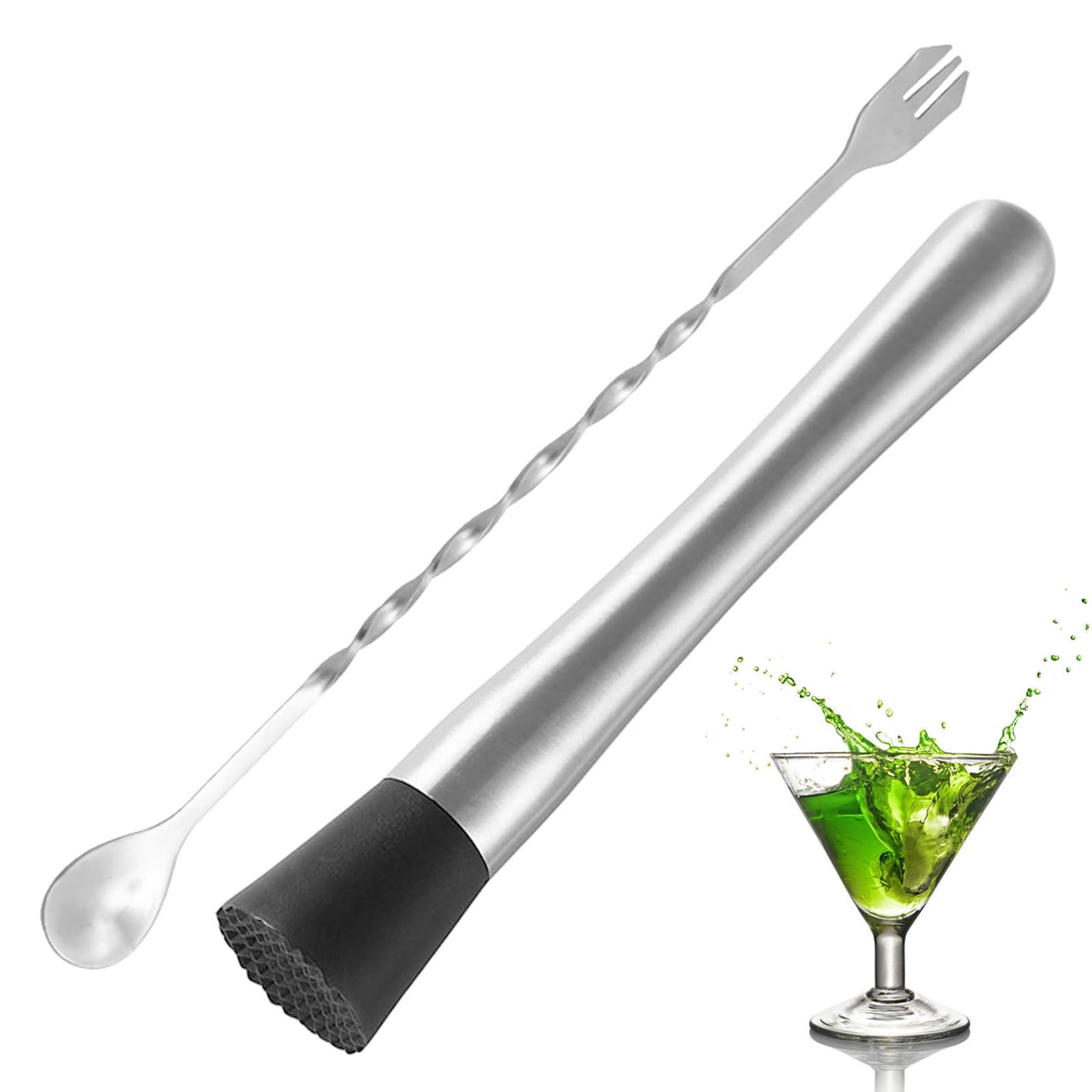 HAPPOW 2pcs Cocktail Muddler, Mixing Spoon Set, Pro Bartender Tools for Mojito, Fruit Drinks & Cocktails, Stainless Steel Bar Tool Kit for Delicious Beverage Making