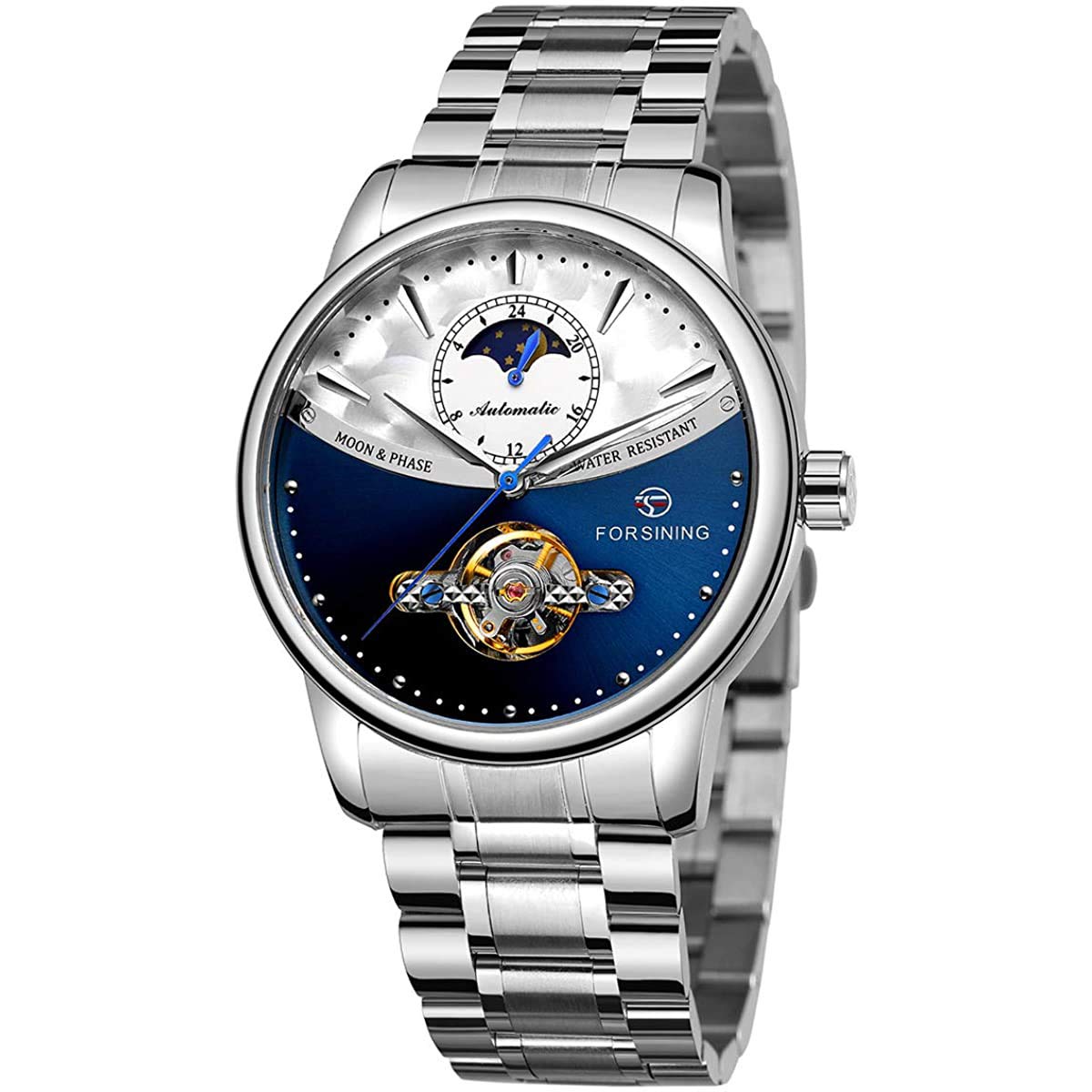 MASTOP Reloj analógico automático para hombre, diseño de esqueleto Tourbillon, impermeable, fase lunar, reloj mecánico de acero inoxidable