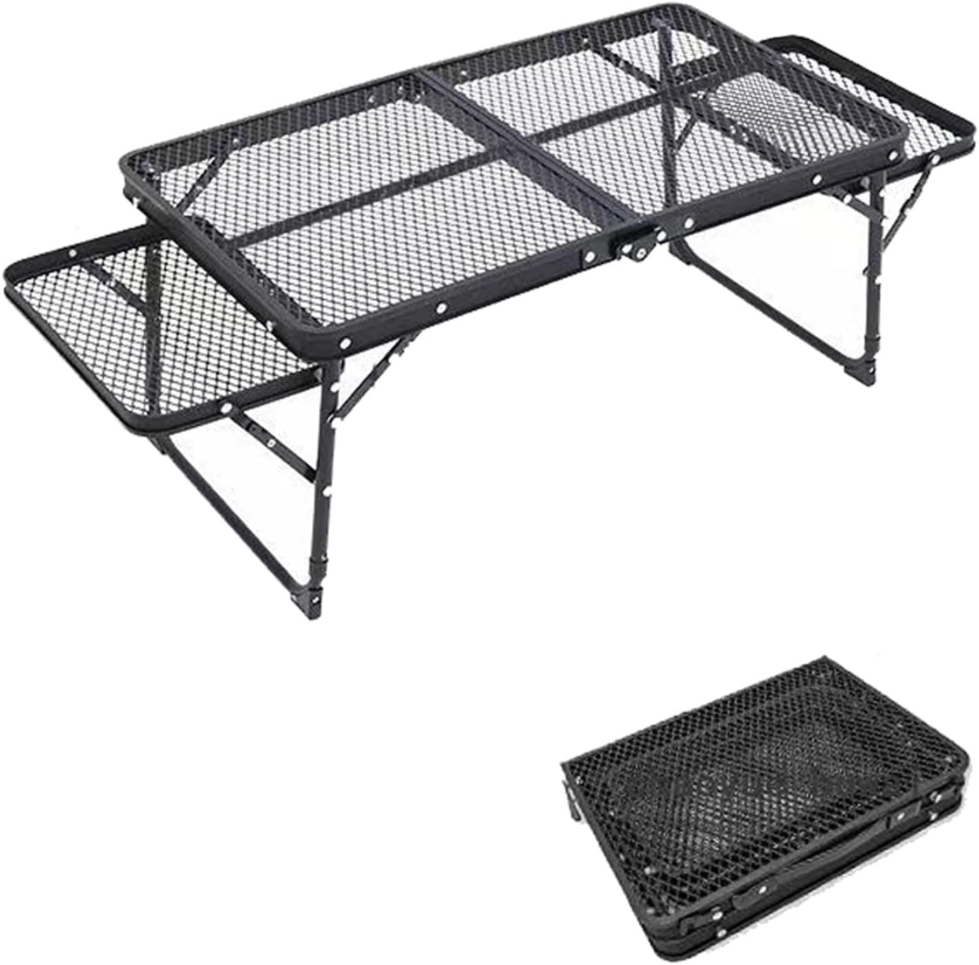 Matiko Family Outdoor Folding Dining Table,Tea,Coffe, Large Metal Desktop Camping Picnic Folding Table with 2 Side Wing Panels Metal Mesh Outdoor Cooking Table