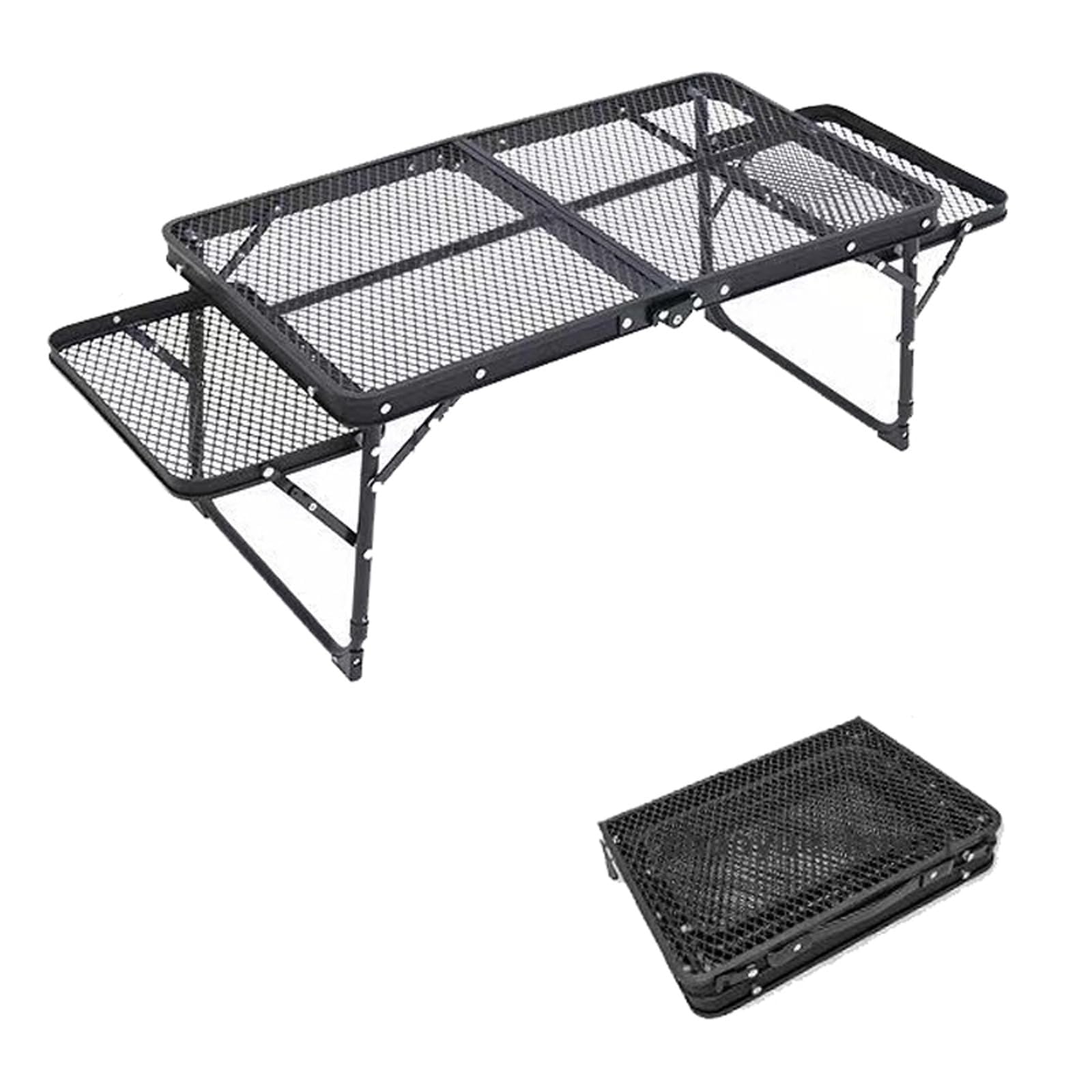 Matiko Family Outdoor Folding Dining Table,Tea,Coffe, Large Metal Desktop Camping Picnic Folding Table with 2 Side Wing Panels Metal Mesh Outdoor Cooking Table