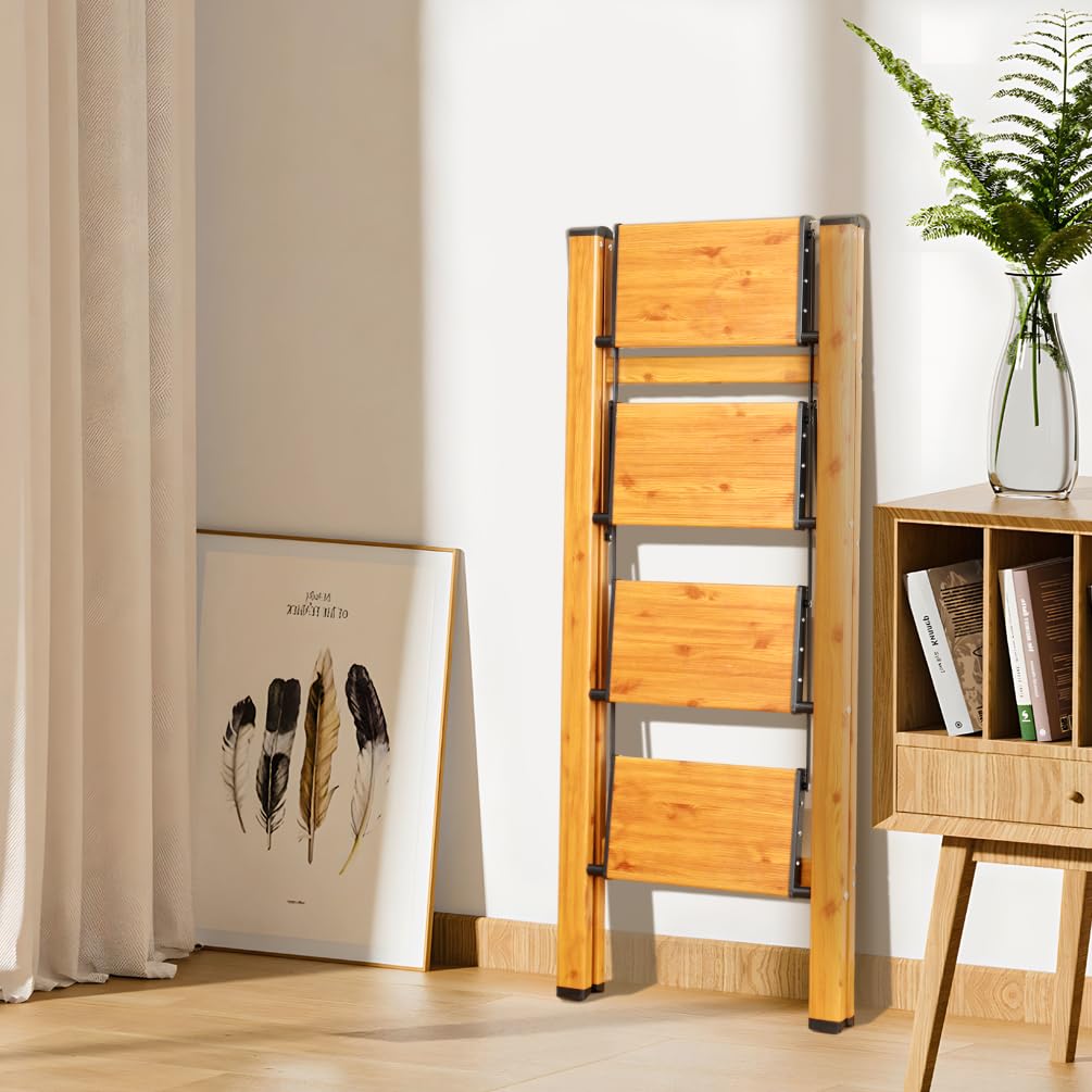 BAOYOUNI Escabeau pliable à 4 marches portable en aluminium léger avec pédales larges antidérapantes Capacité de 150 kg pour la maison, la cuisine, le jardin, le bureau – Noir + couleur grain de bois