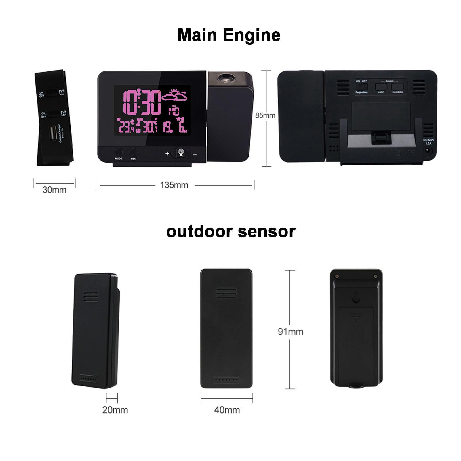 Reloj despertador con proyector giratorio de 180°, alarma dual, función de repetición, visualización de fecha y hora, temperatura interior y exterior, puerto de carga USB